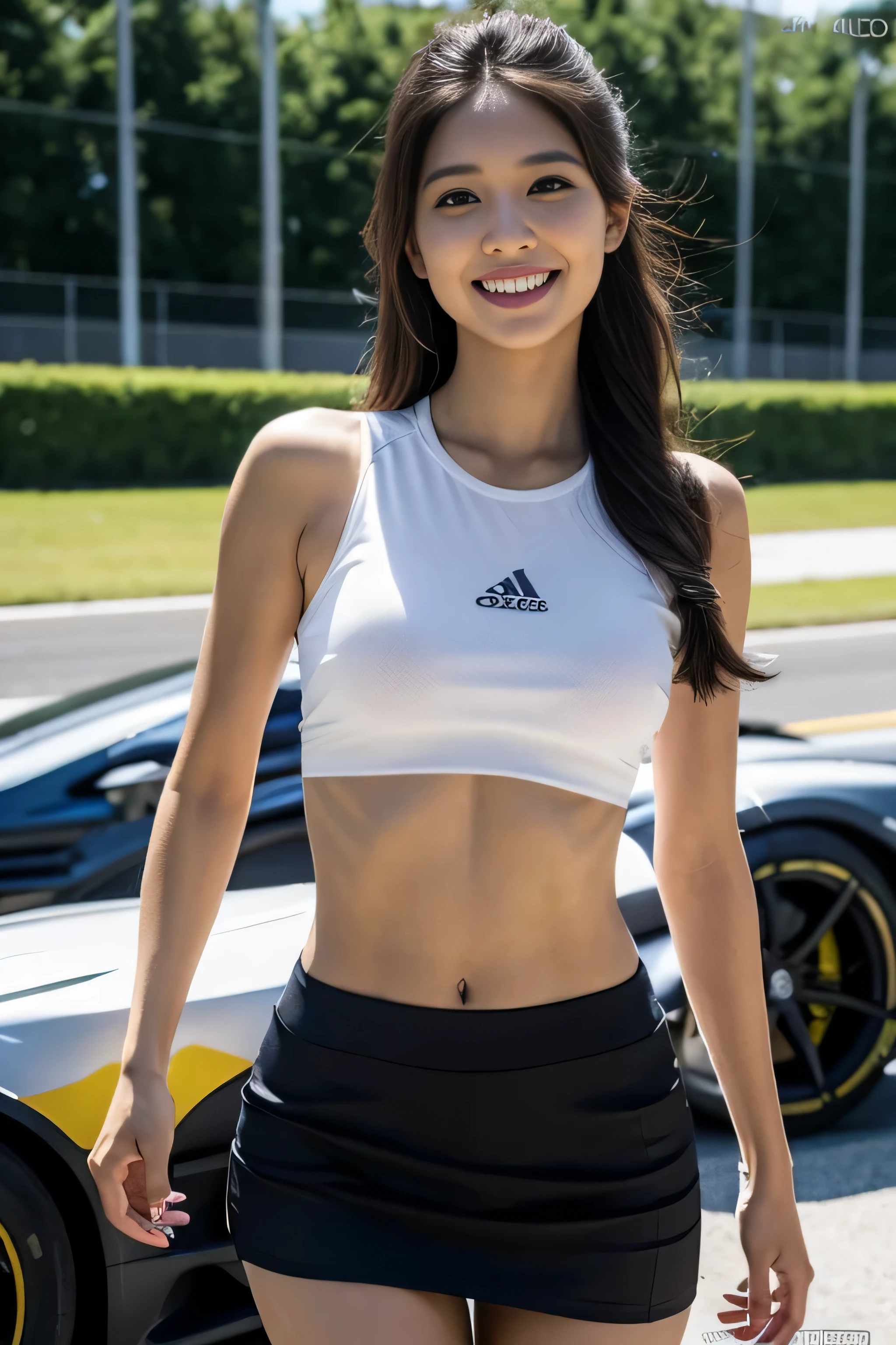 (((one shoulder gridgirl costume))),(((dynamic pose))),(((midriff peek))),(((show underboob ))),(((miniskirt lift))),(((bare inner thigh))),(((show Formula One car))),ulzzang-6500-v1.1, (Raw photo:1.2), (Photo realistic:1.4), a beautiful detailed girl, extremely detailed eye and face, beautiful detailed eyes, ultra-detailed, High resolution, top-quality, masterpiece, highly detailed, 8k wallpaper, Wonderful, finely detail, top-quality, Light on the face,灯光,1girl in,(auto race track),Beautiful eyes,smile,Opening Mouth