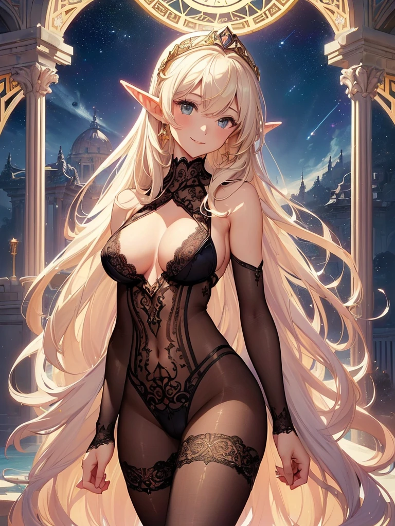 highest quality、Highest image quality、masterpiece、Super beautiful elf beauty from behind((22 years old OL big bust、bust 90,beautiful long ironed hair、blonde、、、slender、Close-up、Esbian、beautiful tiara、High quality、beautiful art、background((starry ski)))muste piece、visual art、Depth of bounds written、low angle of morning sky、、elf ears、、magic of light、space knight、harp melody🎵、A happy smile、gentle light、、Beautiful legs that are gentle on the skin、、、Number of fingers to achieve precise finger movements、ticker beautiful decorative、elegant、mystical　rosa、　heaven、marble columns, beautiful dressy、magnificent marble dome、giant galaxy、、、temple of time、、hourglass、sundial、moment of creation！myth、alphonse mucha art、art nouveau、ancient greece、Rome、byzantine art、gold foil、Raphael&#39;s paintings、renaissance art、Lord of the Ring、sexy、friendly smile、lingerie、underwear、 body stocking. nsfw 

(gorgeous body stocking:1.3), (intricate lace:1.4), (see thorough:1.5), (morning1.5) gravure pose、White Rose、Rose Garden、Lots of roses
