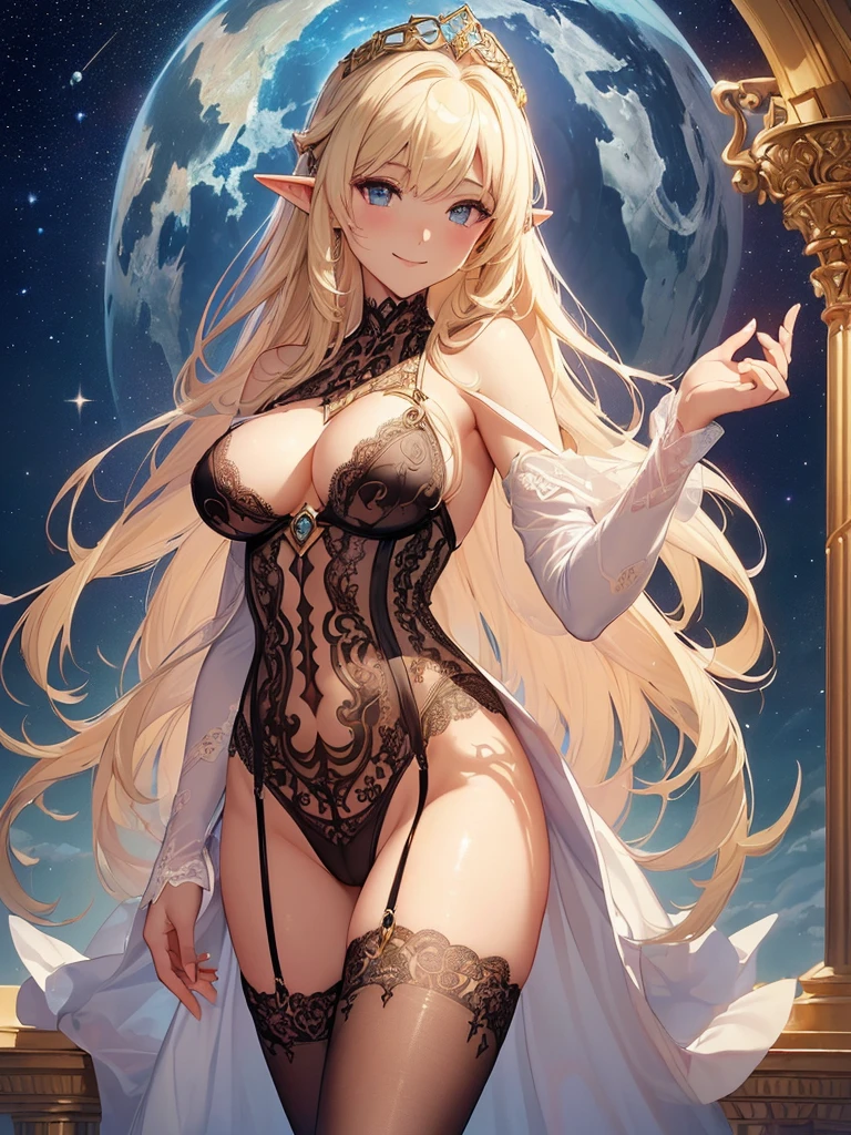 highest quality、Highest image quality、masterpiece、Super beautiful elf beauty from behind((22 years old OL big bust、bust 90,beautiful long ironed hair、blonde、、、slender、Close-up、Esbian、beautiful tiara、High quality、beautiful art、background((starry ski)))muste piece、visual art、Depth of bounds written、low angle of morning sky、、elf ears、、magic of light、space knight、harp melody🎵、A happy smile、gentle light、、Beautiful legs that are gentle on the skin、、、Number of fingers to achieve precise finger movements、ticker beautiful decorative、elegant、mystical　rosa、　heaven、marble columns, beautiful dressy、magnificent marble dome、giant galaxy、、、temple of time、、hourglass、sundial、moment of creation！myth、alphonse mucha art、art nouveau、ancient greece、Rome、byzantine art、gold foil、Raphael&#39;s paintings、renaissance art、Lord of the Ring、sexy、friendly smile、lingerie、underwear、 body stocking. nsfw 

(gorgeous body stocking:1.3), (intricate lace:1.4), (see thorough:1.5), (morning1.5) gravure pose、White Rose、Rose Garden、Lots of roses
