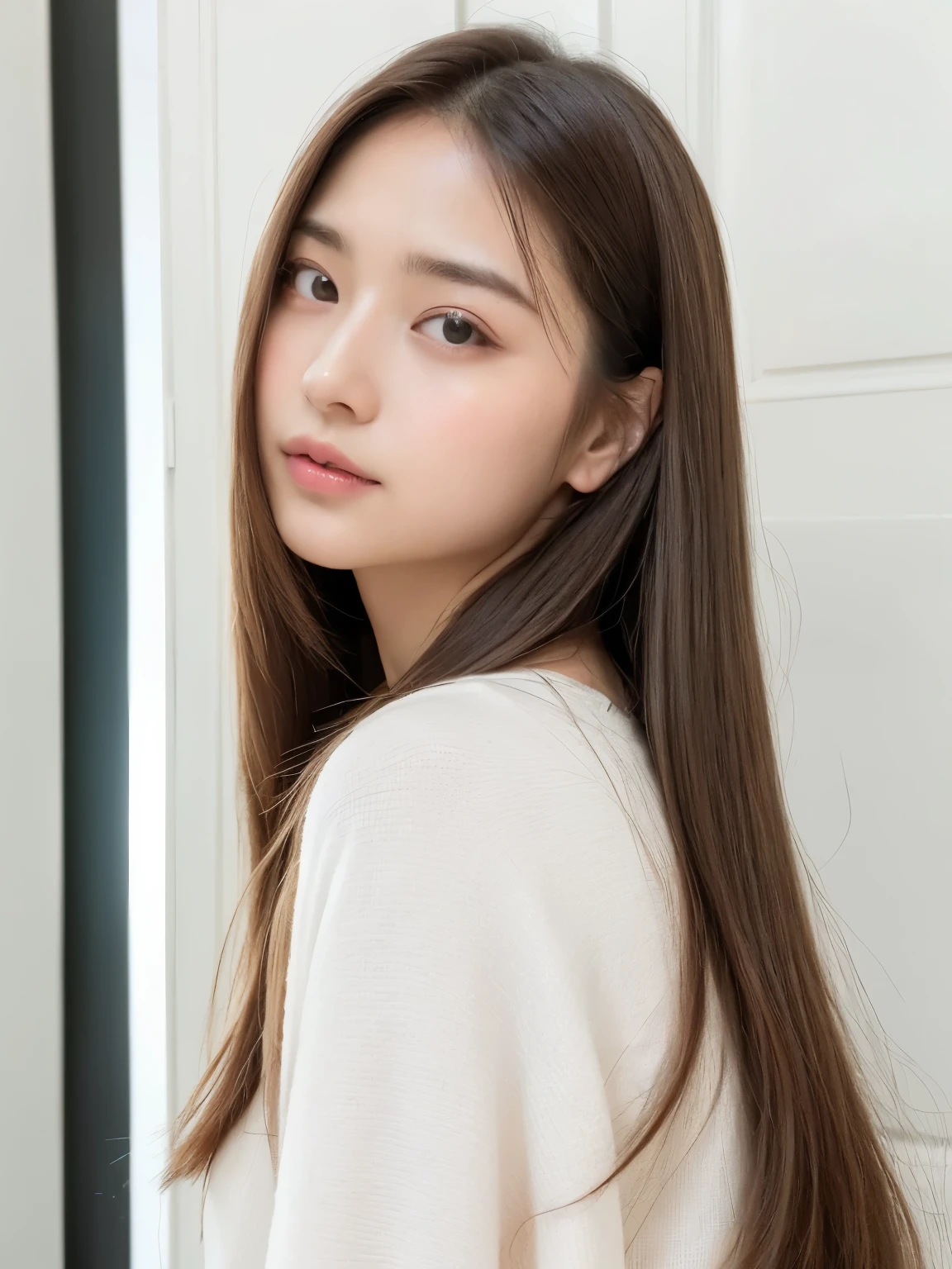 ((highest quality、8K、masterpiece:1.3))、ultra high resolution、(photorealistic:1.4)、((white wall、Taken in front of the white door、窓のあるwhite wallの部屋))、raw photos、Japanese,(details face)、real、((profile))、Shot in natural light、Highly detailed face and skin texture、highly detailed lips、correct state of the human body、straight hair、bright hair color、various poses、natural color lip 、long hair、((明るい茶色のstraight hair))、straight hair、shot from behind、Don't look at the camera、professional lighting、angle from behind、Shot in natural light、super detail、30 generations、actress、髪型はまっすぐなstraight hair、Emphasizes the shine of hair、Blouses in pastel colors
