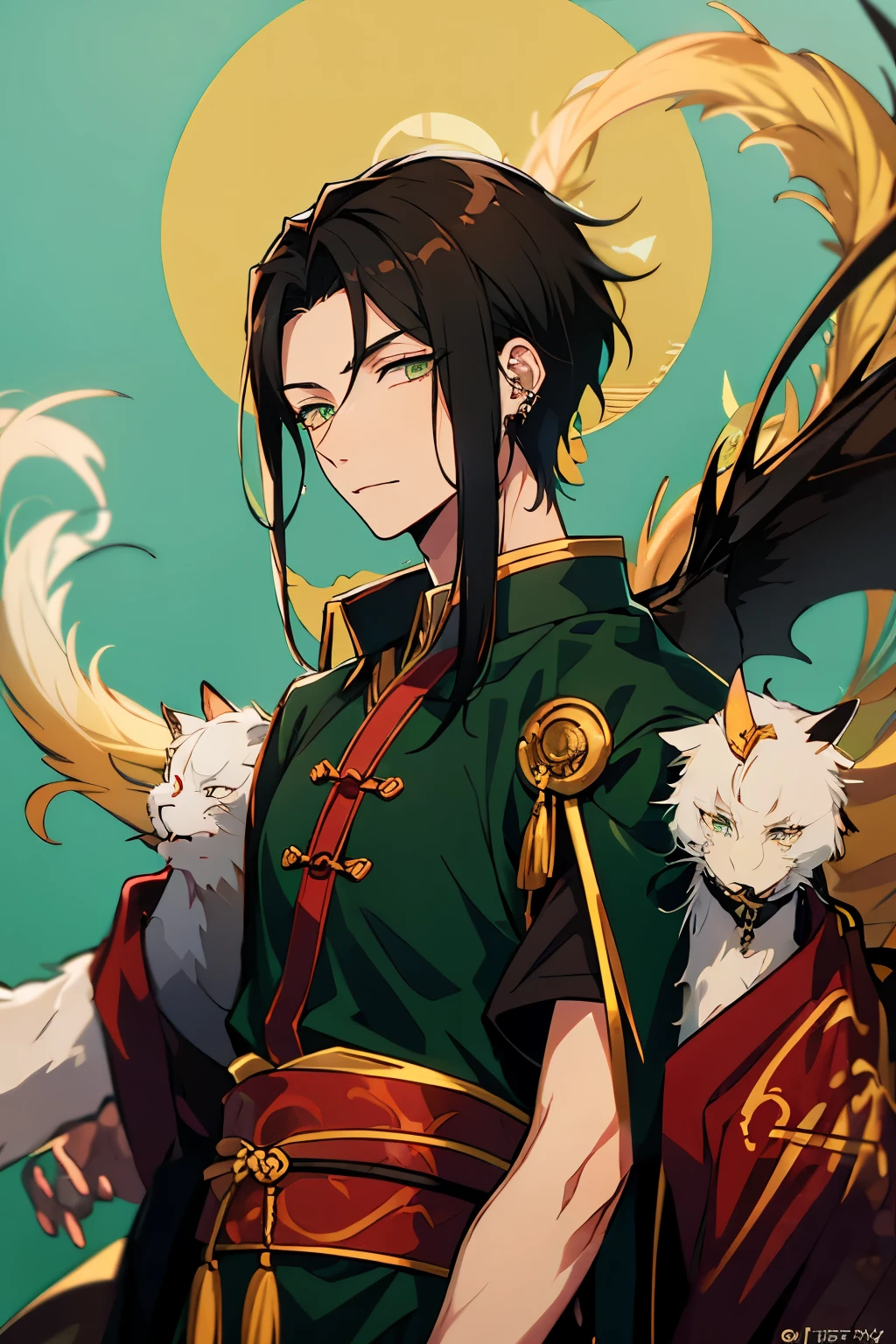 One male character, based on chinese dragons, tall, handsome, black clothes with golden details in clothing, jade jewlery, long beautiful black hair, light green eyes, sharp eyes, ikemen, bishonen, soft colors, pretty boy, red traditional eyeliner, dragon boy