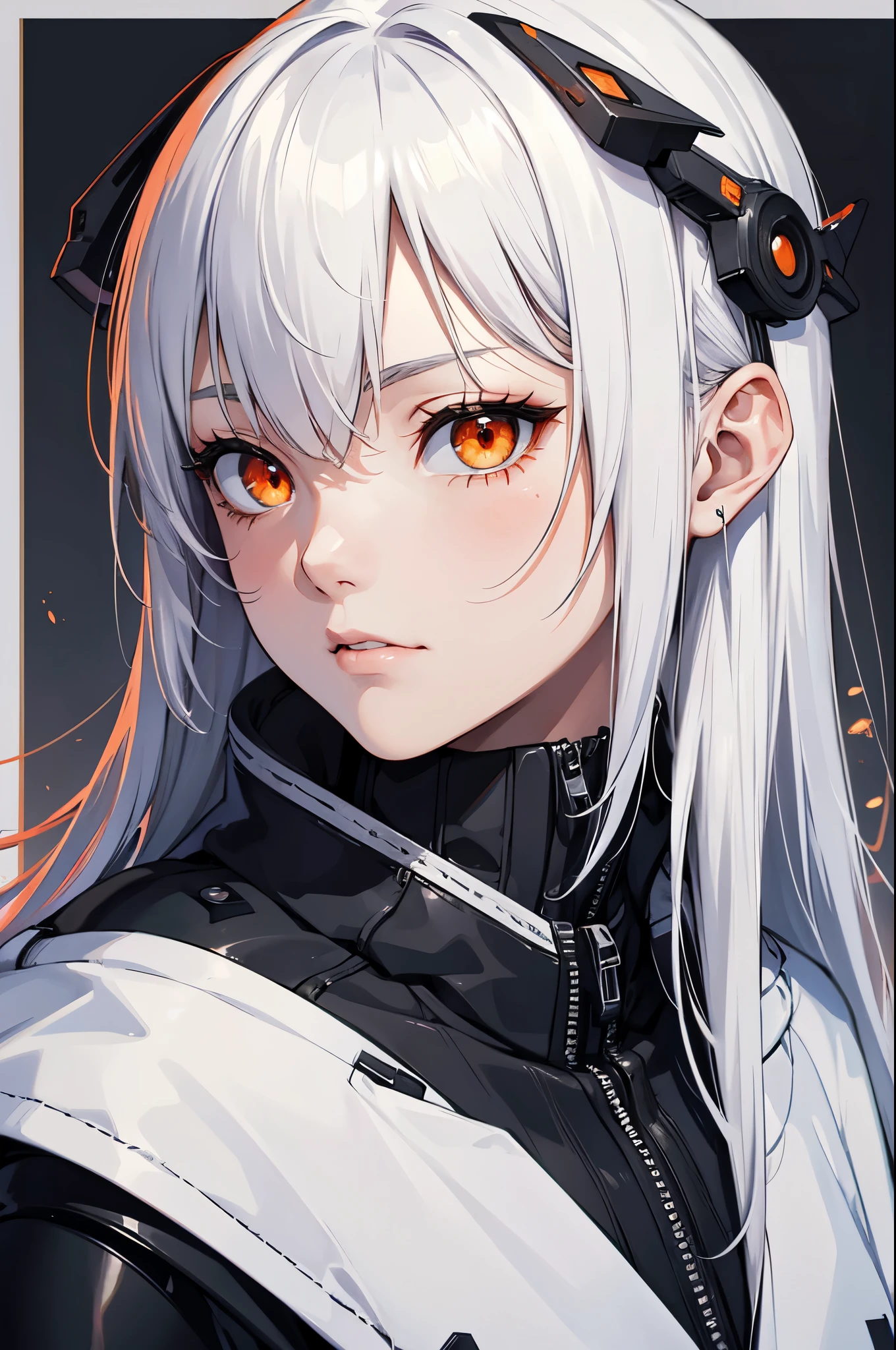 style of Tsutomu Nihei,(incredibly absurdres, (high resolution:1.18), intricate detail, (masterpiece:1.1), (highest quality:1.1), absurdres),(1girl, portrait, white hair, orange eyes, long hair, detailed eyes),