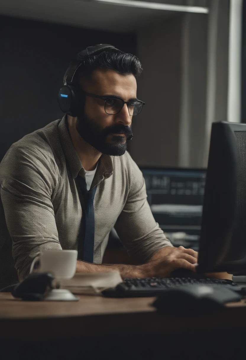 there is a man sitting at a desk with a computer, emad mostaque, about 3 , sayem reza, aykut aydogdu, very very low quality picture, farid ghanbari, sitting in office, khyzyl saleem, sitting in front of computer, professional profile picture, ismail, sitting at a computer