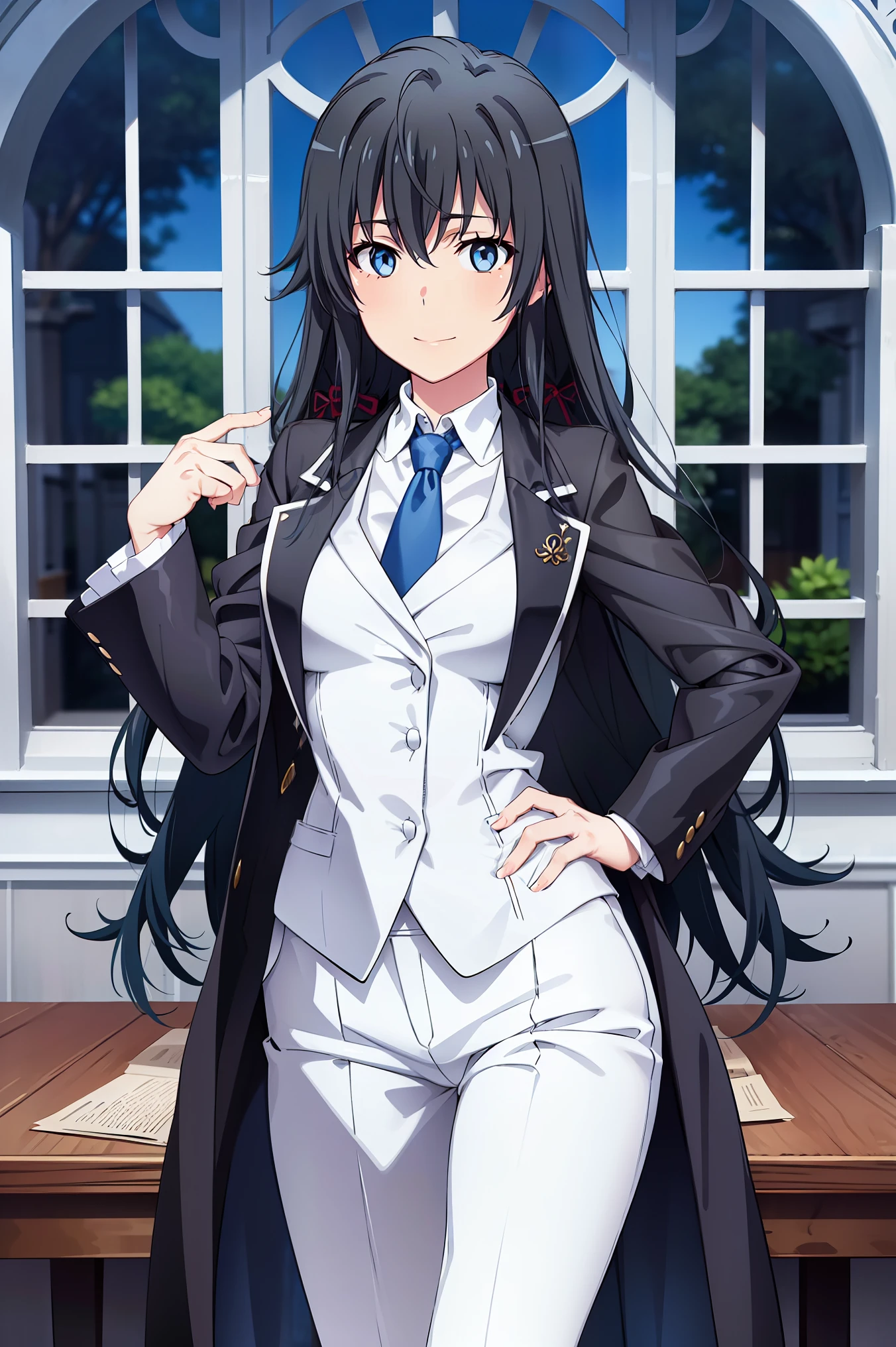 ((best quality)), ((masterpiece)), (detailed) 1girl 1girl, ;\), blurry, blurry_background, breasts, , hair_long looking_at_viewer, ok_sign, open_hand, Yukinoshita Yukino ,Woman wearing formal clothes, An attractive coat stands in a large gap in the room , 1girl, 独奏, blue necktie, Black hair, eyes blue, long hair, smile , collared shirt, white pants, white shirt , Elegantly designed coat , Stand in front of a window ,Perfectly tailored tailcoat. It has a stunning Victorian design and is made of lustrous fabric
