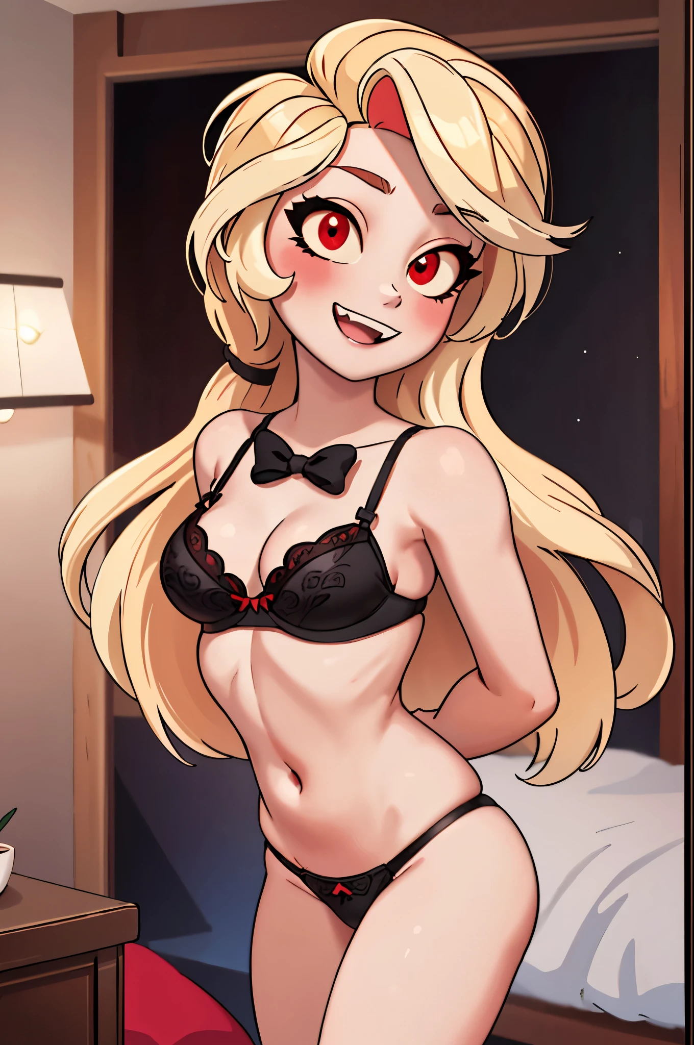 (masterpiece, best quality:1.2), cowboy shot, solo, 1girl, charlie morningstar, \:d, looking at viewer, long hair, red eyes, black two piece lingerie, bedroom eyes, leaning forward, arms behind her back, fang tooth, blonde hair, hotel background