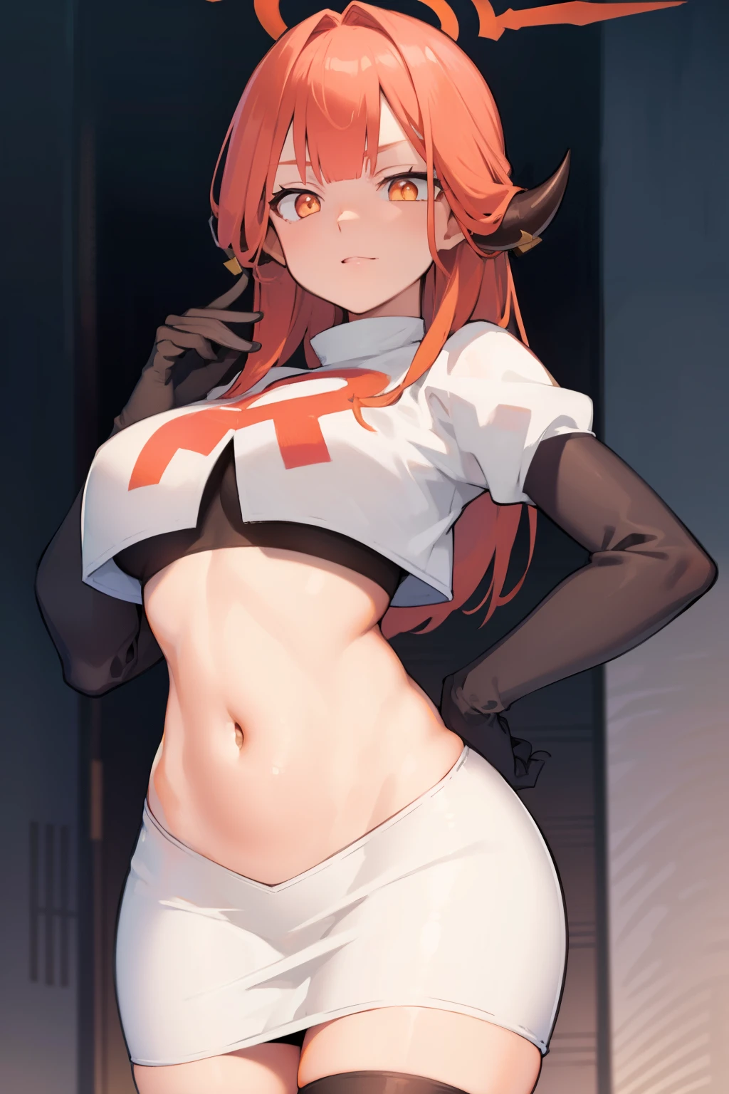 bluearchivearu, aru, halo, horns, long hair, (orange eyes:1.5), pink hair, bangs, blunt bangs,
BREAK horns, team rocket,team rocket uniform,white skirt,crop top,black thigh-highs,black elbow gloves
BREAK looking at viewer,
BREAK (masterpiece:1.2), best quality, high resolution, unity 8k wallpaper, (illustration:0.8), (beautiful detailed eyes:1.6), extremely detailed face, perfect lighting, extremely detailed CG, (perfect hands, perfect anatomy),