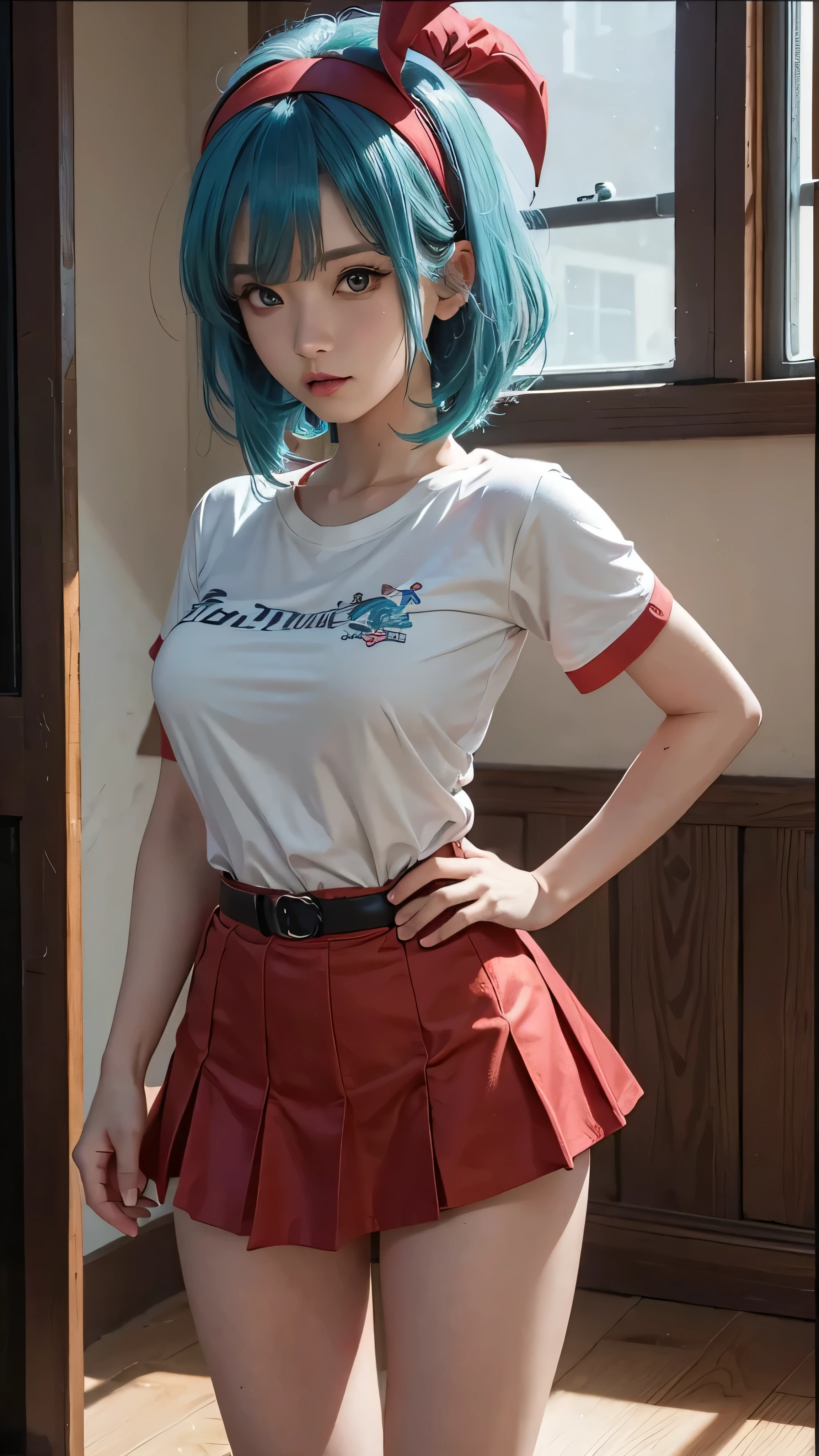 masterpiece, best quality, highres, dragon ball, blmmid, aqua hair, medium hair, blunt bangs, red hairband, medium breasts, shirt, skirt, cowboy shot, indoors, standing,