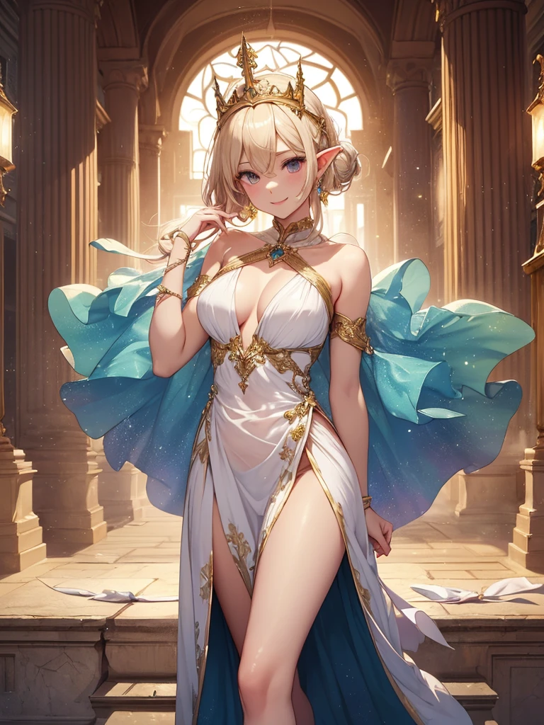 highest quality、Highest image quality、masterpiece、Super beautiful elf beauty from behind((22 years old OL big bust、bust 90,beautiful long ironed hair、blonde、、、slender、Close-up、Esbian、beautiful tiara、High quality、beautiful art、background((starry ski)))muste piece、visual art、Depth of bounds written、low angle of morning sky、、elf ears、、magic of light、space knight、harp melody🎵、A happy smile、gentle light、、Beautiful legs that are gentle on the skin、、、Number of fingers to achieve precise finger movements、ticker beautiful decorative、elegant、mystical rosa、 heaven、marble columns, beautiful dressy、magnificent marble dome、giant galaxy、、、temple of time、、hourglass、sundial、moment of creation!myth、alphonse mucha art、art nouveau、ancient greece、Rome、byzantine art、gold foil、Raphael's paintings、renaissance art、Lord of the Ring、sexy、friendly smile、Beautiful white dress、
gravure pose、White Rose、Rose Garden、Lots of roses