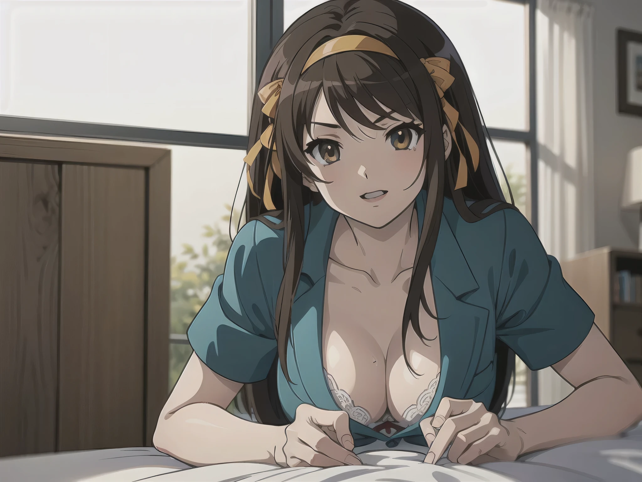 (A superb exquisite haruhi suzumiya), (haruhi suzumiya:1.5), (kyoani haruhi style Uniform:1.5), brown eyes, brown hair, natural straight hair, hairband, ribbon, straight bangs, solo, nature, extremely delicate, straight facial features, peerless beautiful girl, soft, (sensual face), ((ecchi face)), dreamy quality, exaggerated facial features, solid color, frank holly, delicate face, bright lips, slender waist, soft curves, real light and shadow, super fine, 4k, natural moving, Ultra high resolution, (masterpiece:1.2, best quality), (finely detailed beautiful eyes: 1.2), (beautiful detailed face), sexy semi-nude model, sexy pose, Ultra high definition white bra and panties, erect nipples,Medium chest, slender body, (bedroom),