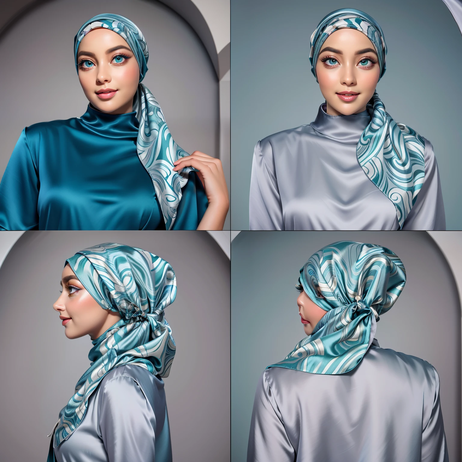 3dmm style, 3dmm style,(Masterpiece, realistic, best quality, best lighting, 1 girl photo solo, beautifully makeup, eyeshadow, Parted Lips, Detailed Eyes, beautiful big eyes, long eye lashes, smile, wearing ((Teal satin hijab)), loosely tide hijab style, ((gray satin shirt and satin long skirt)), close up portrait, front view