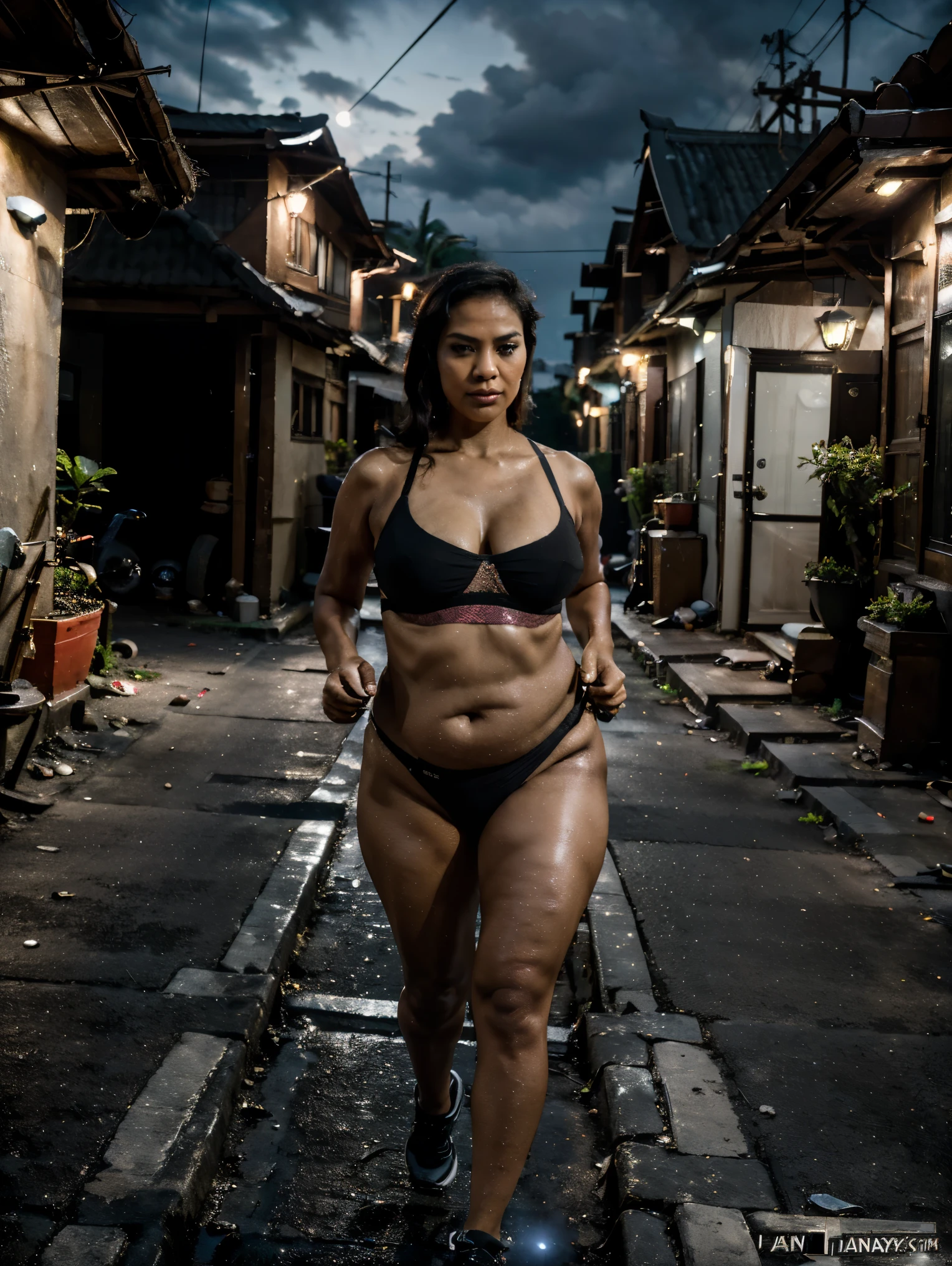 (Night - dark sky - outside - Indonesian lonely shady dark neighborhood:1.55), Chinese-Indonesian, 45 yo fleshy Milf, (fair complexion:1.25), very beautiful, ((pose: I'm tying my hairs back)), (micro-sportsbra:1.55), (micro-sportsthong:1.75), (massive breasts under the tanktop:1.45), (I have thick milf's arms:1.85), curvy - no muscles, fully clothed, (sneakers), (I'm jogging/running:1.5), (at evening night), ((Indonesian housing complex road at night - Indonesian lonely neighborhood)), (full-body - head to boot), anusha cleavage, busty, voluptuous, thick, curvy model body, body dents, visible lips, plump, fleshy juicy hips, glossy sweaty skin, 🤬❤❤️‍🔥💦🍑, juicy lips, plump red lips, fantasy character art, absurdres, high res, ultrasharp, 8K, professional photograph, award-winning portrait, masterpiece, high detail full-body view, symmetrical, Nikon D850, 85mm lens, f/1.8, depth of field,