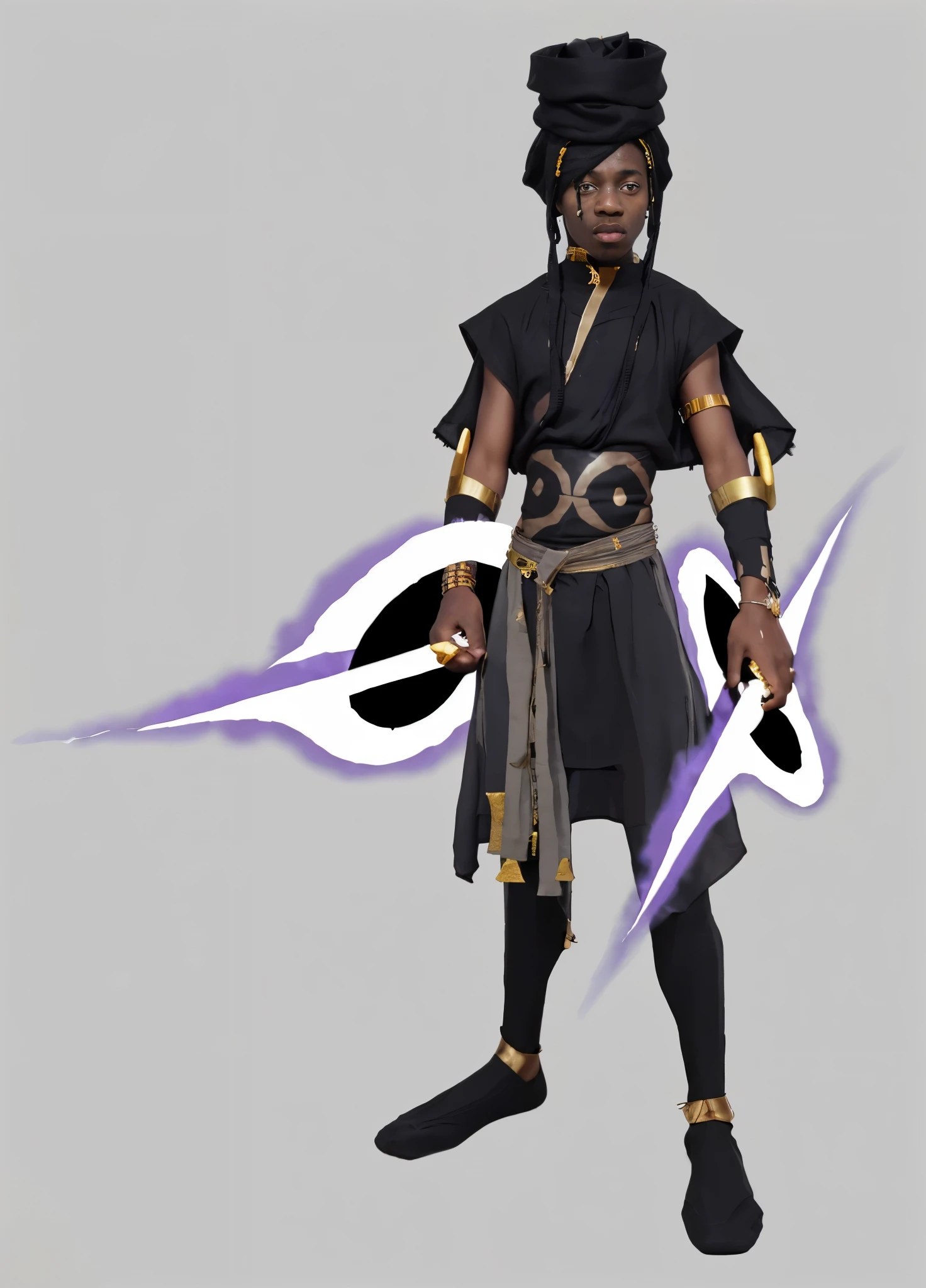 an angry black boy with head wrapping with two pieces hanging down, he is wearing a black african tunic with grey and gold pieces to it, and he is holding two black holes in his hands
