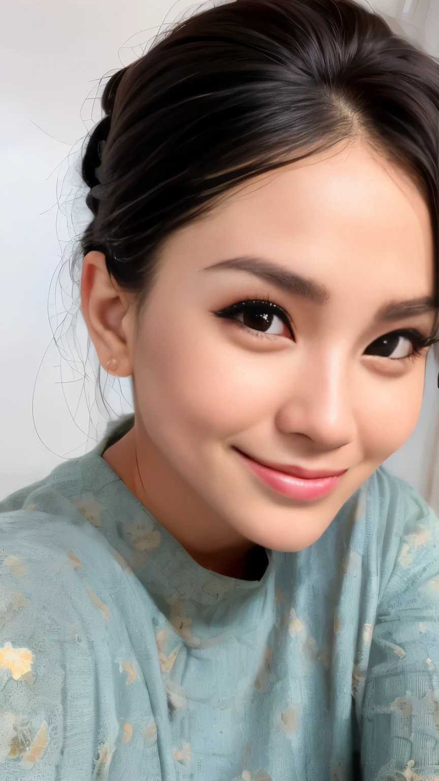 (8k, RAW Photos, Best Quality, Highest Resolution: 1.1), (Ultra Realistic: 1.4), (Realistic, Photorealistic: 1.3), young girl, (Malay Uzbekistan look), (wearing dress: pastel,floral, low cut, bareback), in river with waterfall on background 6pm, (dimples cheek), Realistic Face, Realistic Body, Realistic Skin, side view, Absurdity, Masterpiece, (Cute: 1.8), Cuties, Solo, Detailed Black Eyes, Innocent Eyes, Film grain, long simple necklace,  ((hair black, long layer cut, messy)), cherry colored lips,  look viewer from below, open lips, cleavage, medium breast, nipples, upper teeth, cute smile show teeth, (smiling eyes: 0.6), (grin: 1.2)), depth of field, blurred background, eye focus, bokeh, young, 85mm lens f/2, ambient soft lighting,  photon mapping, radiosity, physically based rendering, 