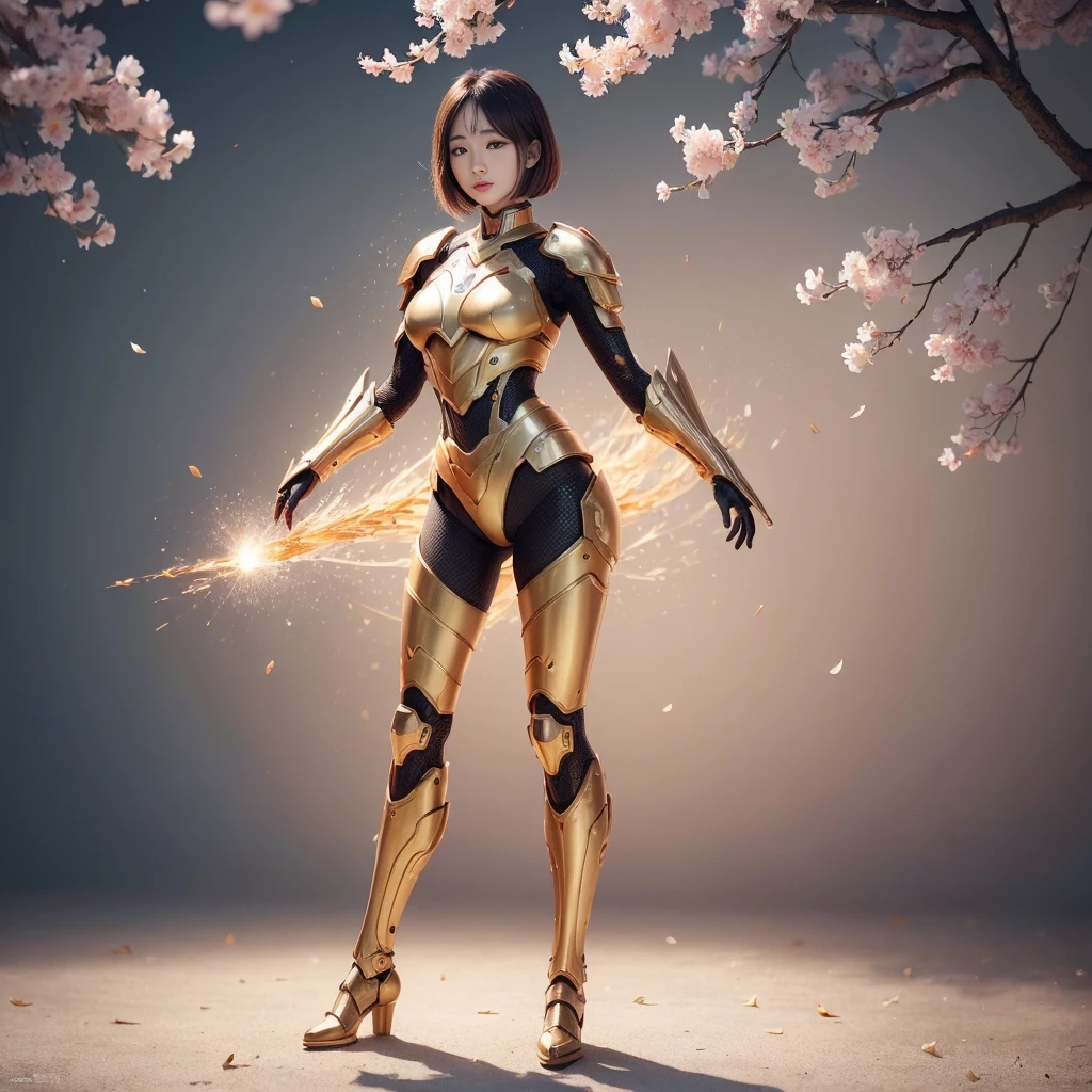 (((full body photo)))
beautiful japanese young woman, wearing cyborg armor made of honey, thick symmetrical features, very short hair, background is cherry blossoms, pink aura, red lips, octane render,