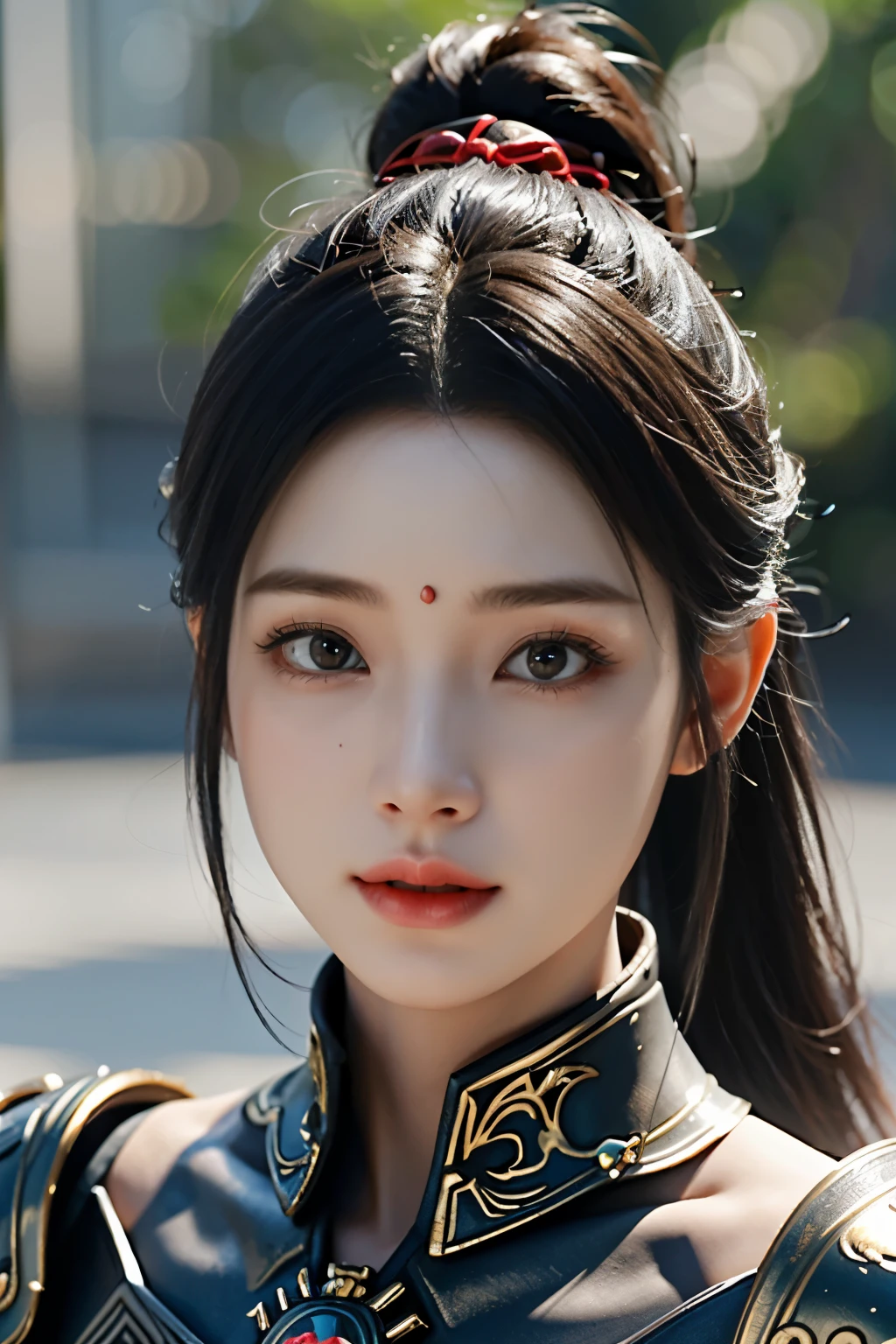 Game art，The best picture quality，Highest resolution，8K，((A bust photograph))，((Portrait))，((Head close-up))，(Rule of thirds)，Unreal Engine 5 rendering works， (The Girl of the Future)，(Female Warrior)， 22岁少女，(Female hackers)，(Rainbow hair，Ancient Oriental hairstyle)，((The pupils of the red eyes:1.3))，(A beautiful eye full of detail)，(Big breasts)，(Eye shadow)，优雅迷人，冷漠，((Anger))，(General armor in ancient Chinese style，Joint Armor，There are exquisite Chinese patterns on the clothes，A flash of jewellery)，人物，奇幻风格， 拍照姿势，城市背景，Movie lights，Ray tracing，Game CG，((3D Unreal Engine))，oc渲染反射纹