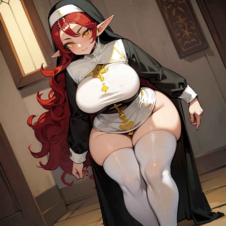 (((Alone))),(((Elf Woman Milf))),(((Light Skin))),(((Wavy red hair))),(((Yellow Eyes))),((Curvy Body)),(((Wearing a nun sexy costume)))