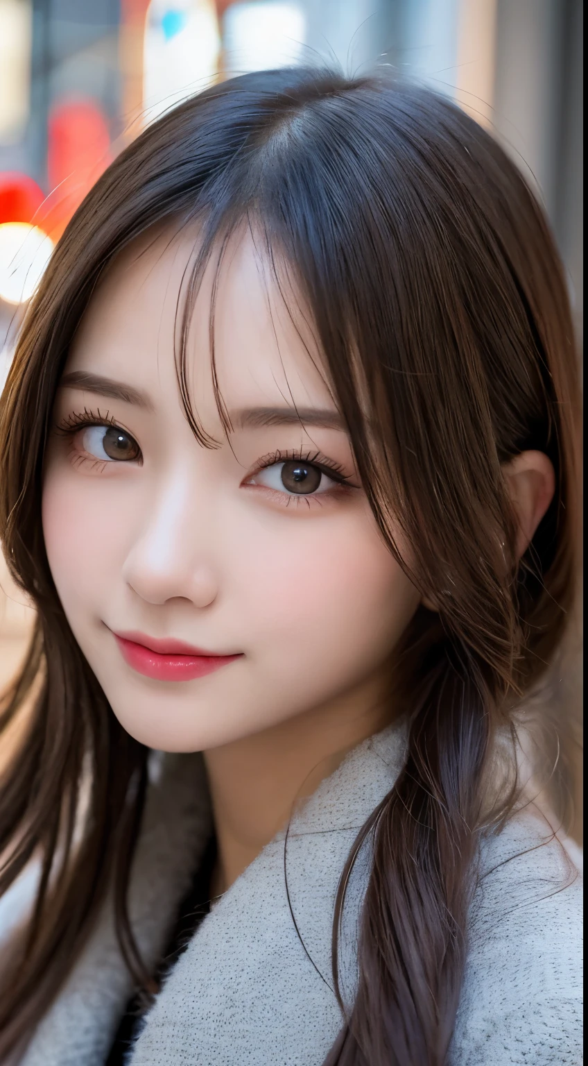 table top, highest quality, shape, Super detailed, finely, High resolution, 8k wallpaper, 完璧なダイナミックな構shape, beautiful and detailed eyes, Tokyo trend winter fashion,Random cute hairstyles trending in Tokyo, small breasts, natural color lip, random sexy pose,cute smile,big city、20 year old girl、beautiful and detailed face、perfect and beautiful face,Big eyes、Wear fluffy black outerwear with fur、beautiful detailed face、perfect and beautiful double eyelids、blur the background、perfect and beautiful face、
