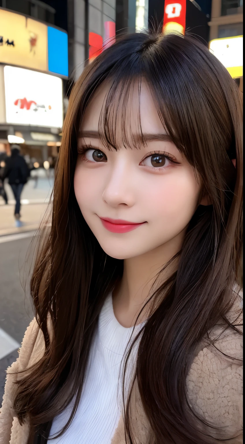 table top, highest quality, shape, Super detailed, finely, High resolution, 8k wallpaper, 完璧なダイナミックな構shape, beautiful and detailed eyes, Tokyo trend winter fashion,Random cute hairstyles trending in Tokyo, small breasts, natural color lip, random sexy pose,cute smile,big city、20 year old girl、beautiful and detailed face、perfect and beautiful face,Big eyes、Wear fluffy black outerwear with fur、beautiful detailed face、perfect and beautiful double eyelids、blur the background、perfect and beautiful face、