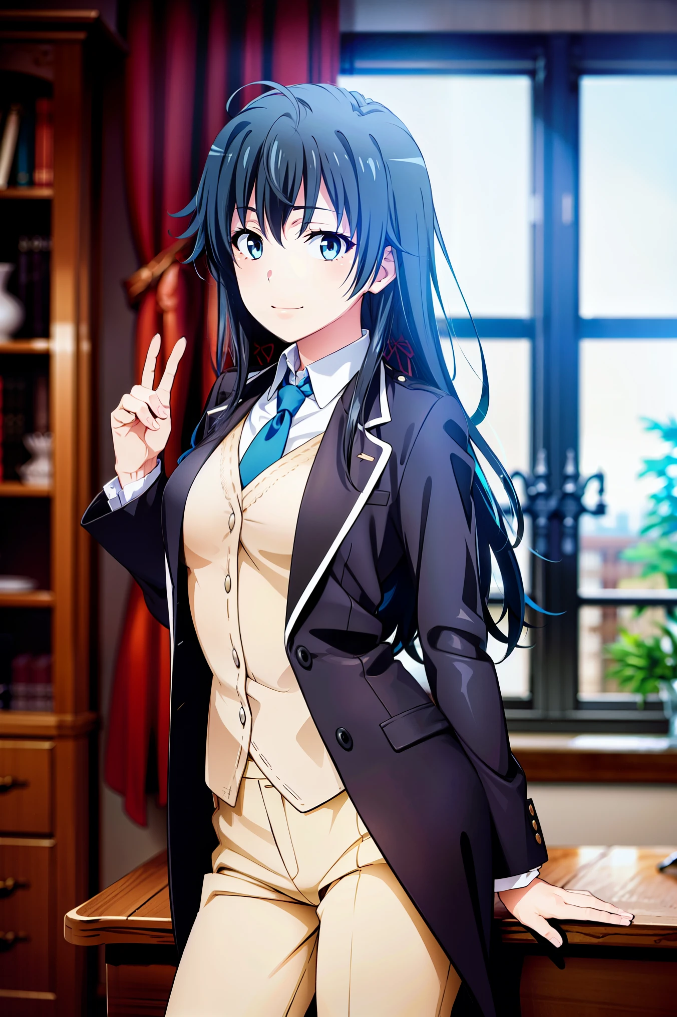 ((best quality)), ((masterpiece)), (detailed) 1girl 1girl, ;\), blurry, blurry_background, breasts, , hair_long looking_at_viewer, ok_sign, open_hand, Yukinoshita Yukino ,Woman wearing formal clothes, An attractive coat stands in a large gap in the room , 1girl, 独奏, blue necktie, Black hair, eyes blue, long hair, smile , collared shirt, white pants, white shirt , Elegantly designed coat , Stand in front of a window ,Perfectly tailored tailcoat. It has a stunning Victorian design and is made of lustrous fabric