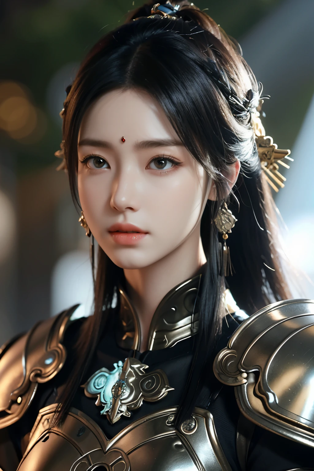 Game art，The best picture quality，Highest resolution，8K，((A bust photograph))，((Portrait))，((Head close-up))，(Rule of thirds)，Unreal Engine 5 rendering works， (The Girl of the Future)，(Female Warrior)， 22岁少女，(Female hackers)，(Rainbow hair，Ancient Oriental hairstyle)，((The pupils of the red eyes:1.3))，(A beautiful eye full of detail)，(Big breasts)，(Eye shadow)，优雅迷人，冷漠，((Anger))，(General armor in ancient Chinese style，Joint Armor，There are exquisite Chinese patterns on the clothes，A flash of jewellery)，人物，奇幻风格， 拍照姿势，城市背景，Movie lights，Ray tracing，Game CG，((3D Unreal Engine))，oc渲染反射纹