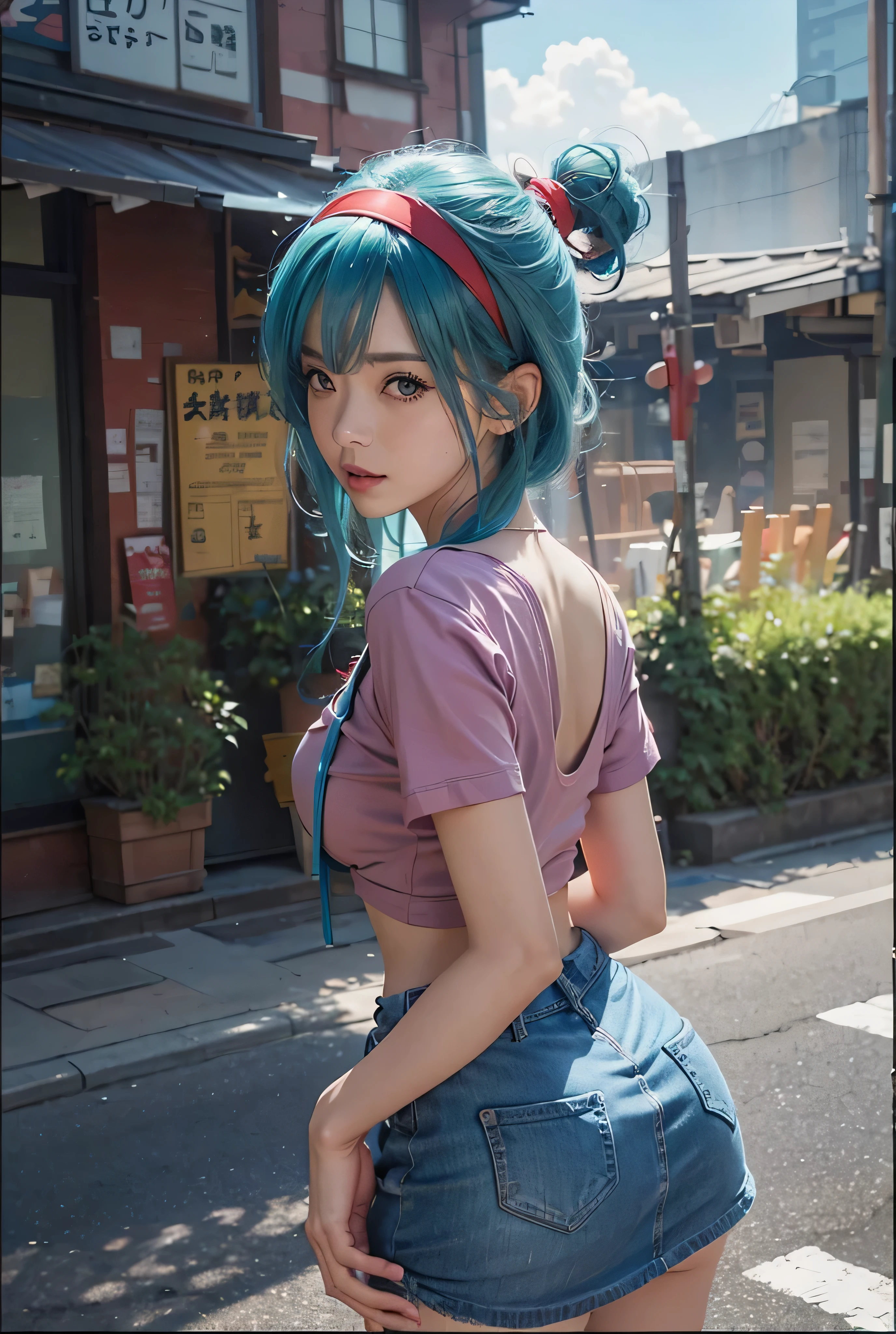 Walking down the street、There is a woman with headphones, sideboob barbosa, wearing bra, in a tokyo street, cleavage, over the shoulder closeup, candid shot, Over - Shoulder - Shot, Shot over the shoulder, over shoulder shot, over the shoulder shot, over the shoulder view, blue tight t-shirt, ​masterpiece, top-quality, hight resolution, dragon balls, blmmid, aqua hair, Medium hair, bluntbangs, red hairband, medium breasts⁩, The shirt, skirt by the, cowboy  shot, Indoors, is standing,