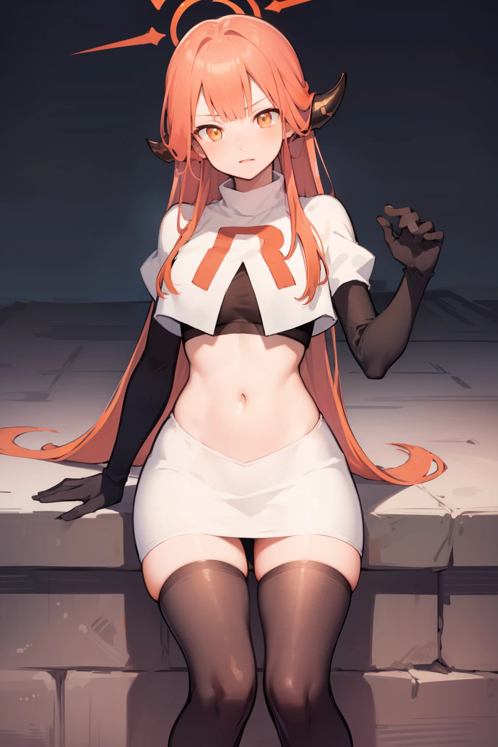 bluearchivearu, aru, halo, horns, long hair, (orange eyes:1.5), pink hair, bangs, blunt bangs,
BREAK horns, team rocket,team rocket uniform,white skirt,crop top,black thigh-highs,black elbow gloves
BREAK looking at viewer,
BREAK (masterpiece:1.2), best quality, high resolution, unity 8k wallpaper, (illustration:0.8), (beautiful detailed eyes:1.6), extremely detailed face, perfect lighting, extremely detailed CG, (perfect hands, perfect anatomy),
