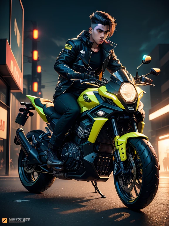 Meet our handsome young cyber punk hero, around twenty-five years old, with an undercut hairstyle. He wears a striking yellow jacket adorned with black stripes, zipping up as he hops onto his sleek scoter matic moto bike. The sun sets low on the horizon as he takes off, leaving a trail of neon lights behind.

His cyber punk style exudes a sense of cinema, with rim-light casting dramatic shadows around his lean figure. The detailed, high-quality concept art of his world comes alive through the best CG effects, capturing each element with ray tracing precision. The essence of his adventures unfolds as every detail on his moto bike gleams under