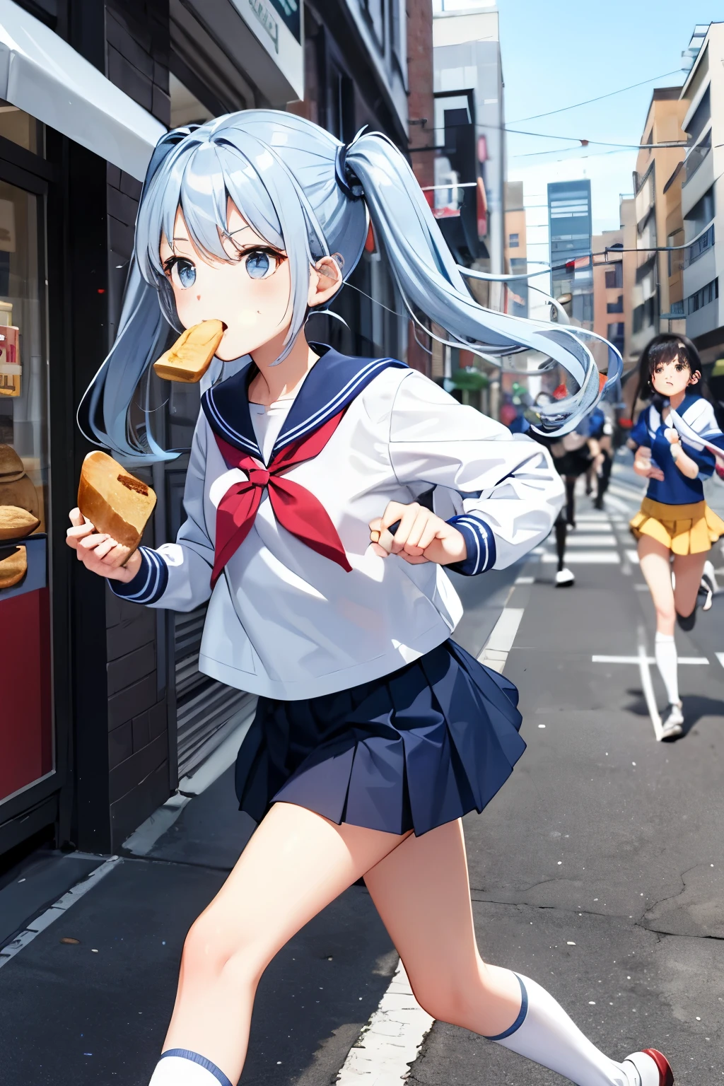 light blue long hair, twin tails、Girl in a sailor suit、I have a bag、short pleated skirt, white socks, I can see white panties、loafers, city street, running, Running while eating bread. Impatient face、Hurry