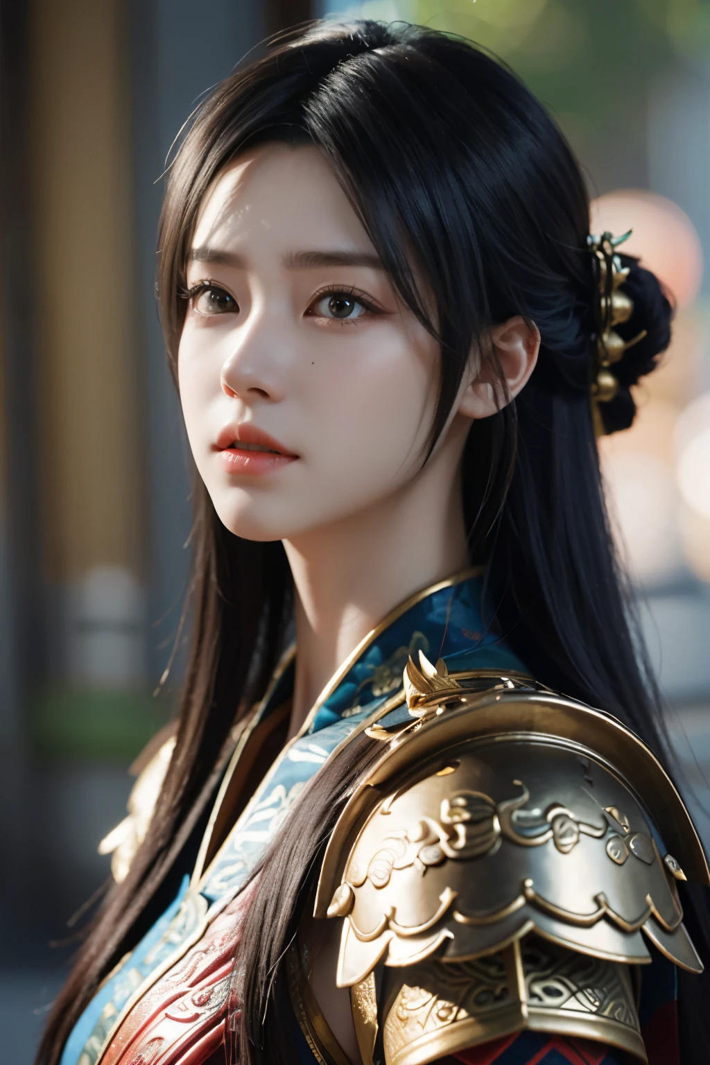 Game art，The best picture quality，Highest resolution，8K，((A bust photograph))，((Portrait))，((Head close-up))，(Rule of thirds)，Unreal Engine 5 rendering works， (The Girl of the Future)，(Female Warrior)， 22岁少女，(Female hackers)，(Rainbow hair，Ancient Oriental hairstyle)，((The pupils of the red eyes:1.3))，(A beautiful eye full of detail)，(Big breasts)，(Eye shadow)，优雅迷人，冷漠，((Anger))，(General armor in ancient Chinese style，Joint Armor，There are exquisite Chinese patterns on the clothes，A flash of jewellery)，人物，奇幻风格， 拍照姿势，城市背景，Movie lights，Ray tracing，Game CG，((3D Unreal Engine))，oc渲染反射纹