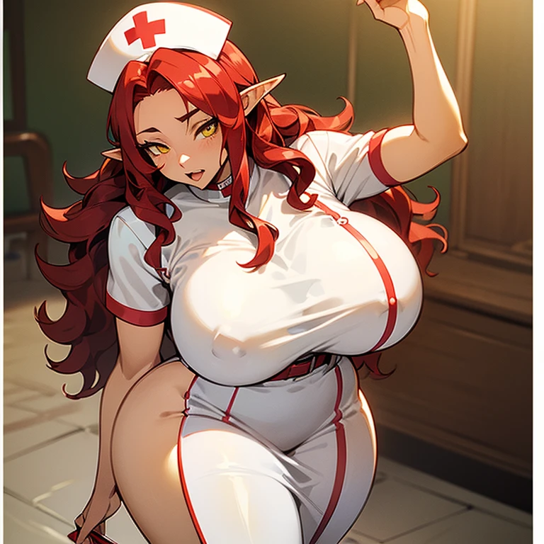 (((Alone))),(((Elf Woman Milf))),(((Light Skin))),(((Wavy red hair))),(((Yellow Eyes))),((Curvy Body)),(((Wearing a nurse sexy costume)))