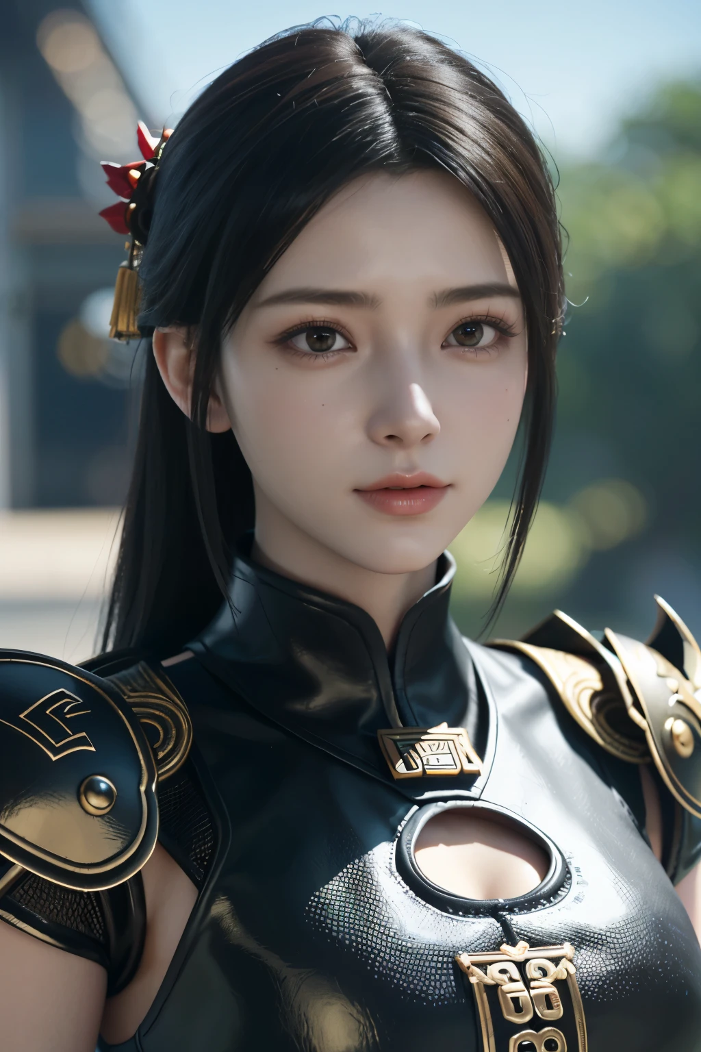 Game art,The best picture quality,Highest resolution,8K,((A bust photograph)),((Portrait)),((Head close-up)),(Rule of thirds),Unreal Engine 5 rendering works, (The Girl of the Future),(Female Warrior), 22岁少女,(Chinese female generals),(Rainbow hair,Ancient Oriental hairstyle),((The pupils of the red eyes:1.3)),(A beautiful eye full of detail),(Big breasts),(Eye shadow),优雅迷人,冷漠,((Anger)),(General armor in ancient Chinese style,Joint Armor,There are exquisite Chinese patterns on the clothes,A flash of jewellery),人物,奇幻风格, 拍照姿势,城市背景,Movie lights,Ray tracing,Game CG,((3D Unreal Engine)),oc渲染反射纹