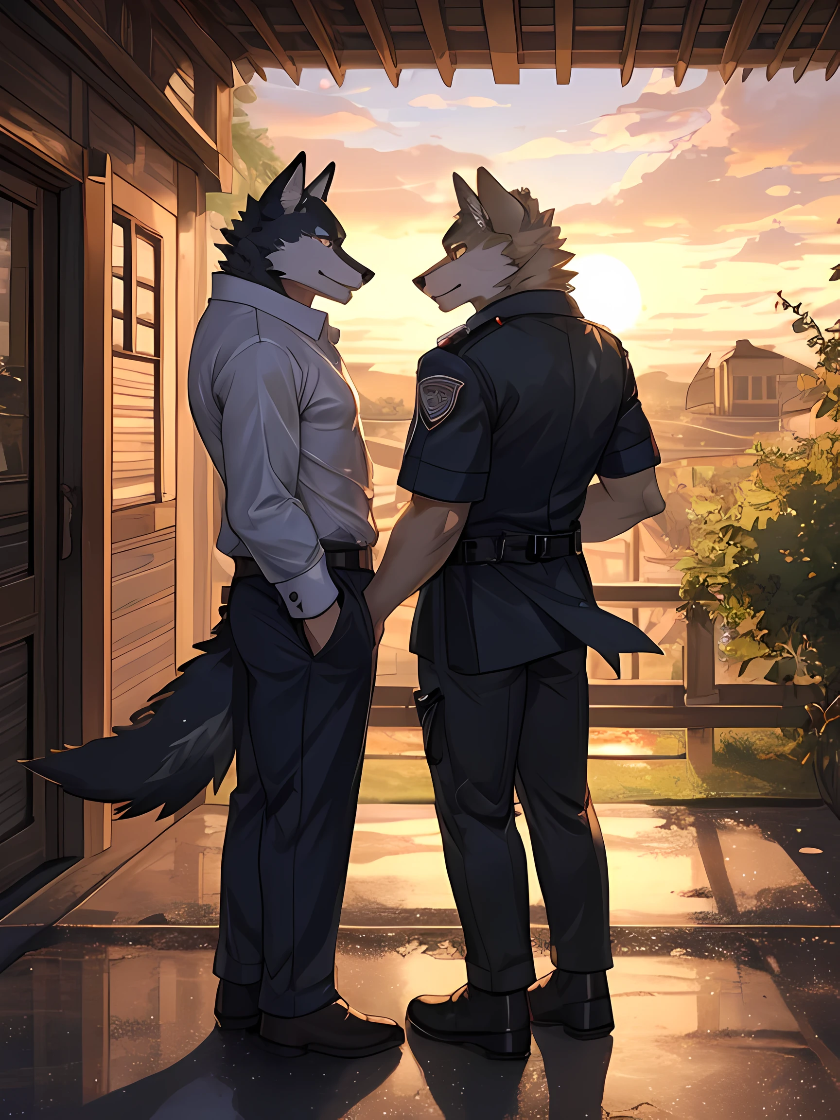 Furry,two wolves,Male,Standing looking at each other in the pouring rain,Detailed, realistic colored eyes,One wolf had completely black fur and the other had white fur.,Wearing a white office uniform,Behind is the road.,The sun is set.,8k,hdr