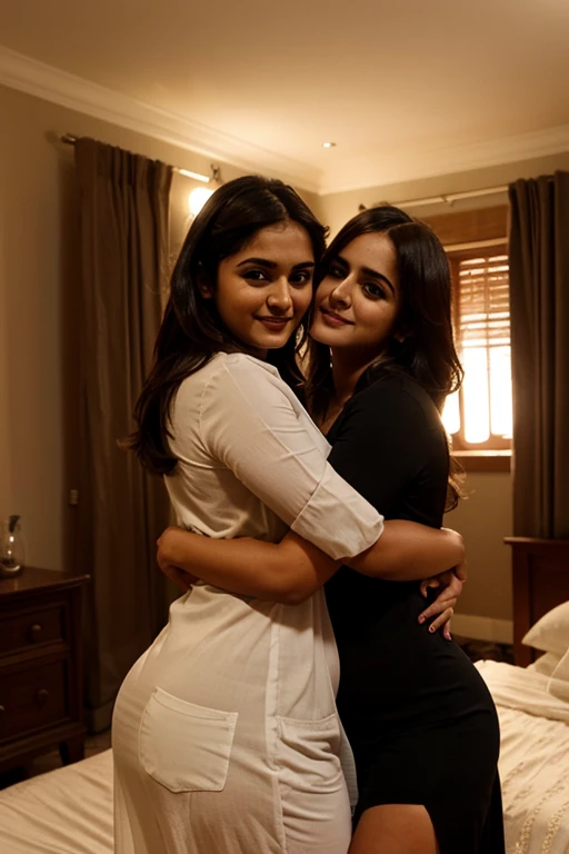 Anushka Shetty, curvy, British, 20s, beautiful nurse, smile, front view, bedroom, dark room, hugging and kissing her friend Emma Watson from behind, holding boobs of her friend