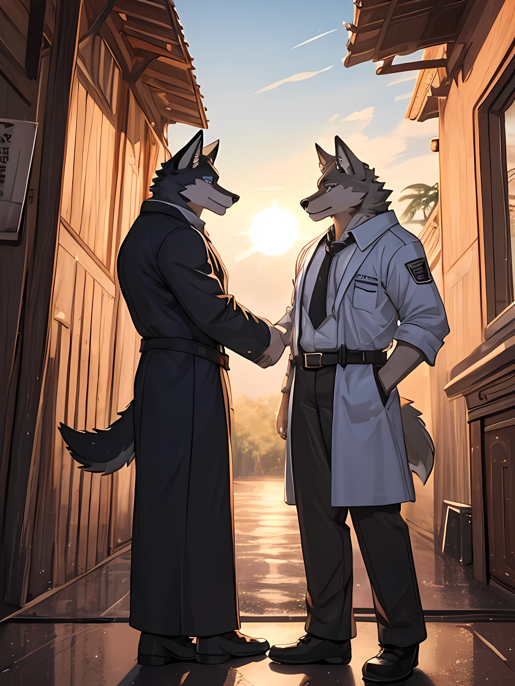 Furry,two wolves,Male,Standing looking at each other in the pouring rain,Detailed, realistic colored eyes,One wolf had completely black fur and the other had white fur.,Wearing a white office uniform,Behind is the road.,The sun is set.,8k,hdr