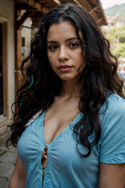 35 year old serious Puerto Rican woman looking at the camera. The setting is a village. Photorealistic, natural lighting, very colorful with blue and reds predominant, long black curly hair, voluminous long black curly hair, messy long black curly hair, frizzy long black hair