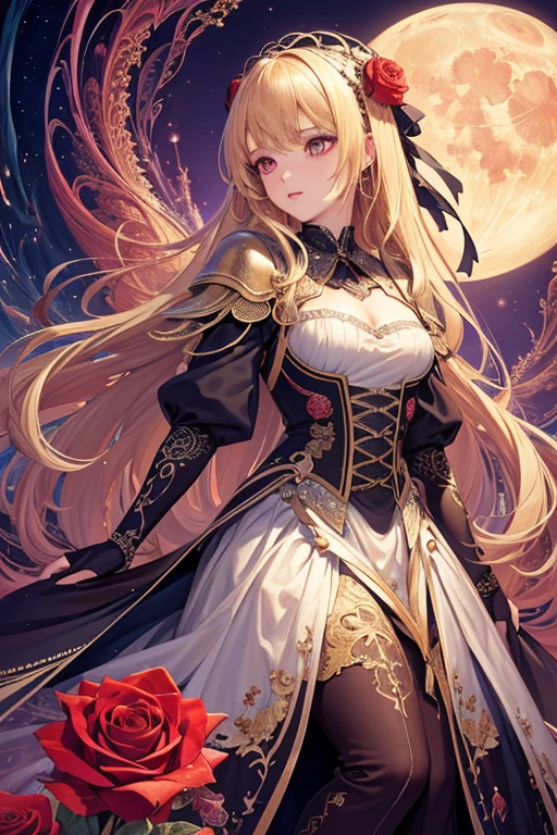 (masterpiece, highest quality, highest quality, official art, beautiful and aesthetic:1.2), (1 girl), very detailed,(fractal art:1.3),colorful,most detailed,blonde long hair,red eyes,Moonlight night,rose
