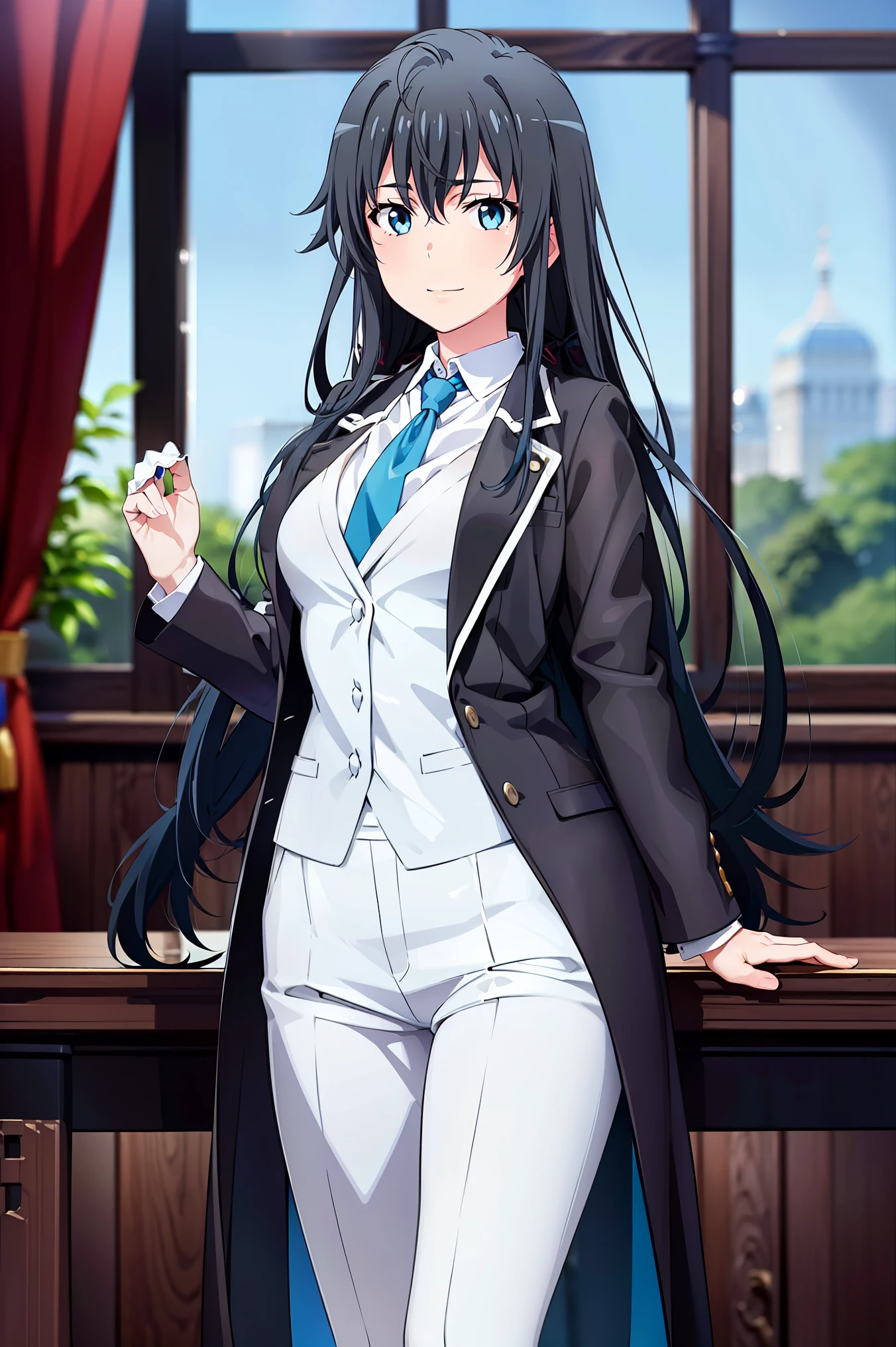 ((best quality)), ((masterpiece)), (detailed) 1girl 1girl, ;\), blurry, blurry_background, , , hair_long looking_at_viewer, ok_sign, open_hand, Yukinoshita Yukino ,Woman wearing formal clothes, An attractive coat stands in a large gap in the room , 1girl, 独奏, blue necktie, Black hair, eyes blue, long hair, smile , collared shirt, white pants, white shirt , Elegantly designed coat , Stand in front of a window ,Perfectly tailored tailcoat. It has a stunning Victorian design and is made of lustrous fabric