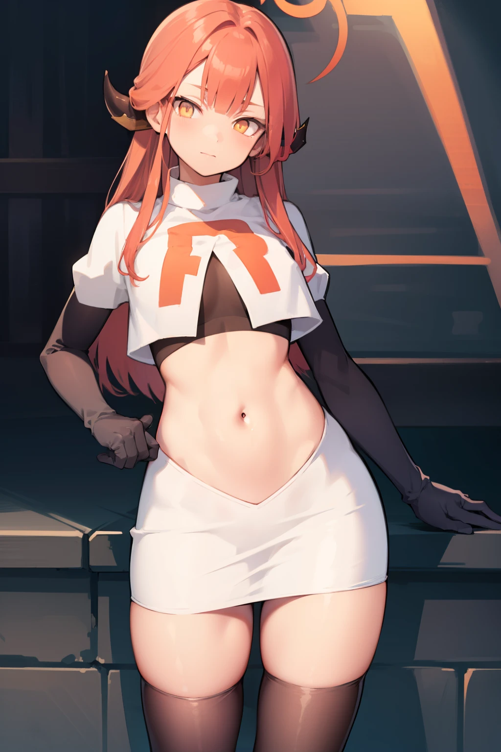 bluearchivearu, aru, halo, horns, long hair, (orange eyes:1.5), pink hair, bangs, blunt bangs,
BREAK horns, team rocket,team rocket uniform,white skirt,crop top,black thigh-highs,black elbow gloves
BREAK looking at viewer,
BREAK (masterpiece:1.2), best quality, high resolution, unity 8k wallpaper, (illustration:0.8), (beautiful detailed eyes:1.6), extremely detailed face, perfect lighting, extremely detailed CG, (perfect hands, perfect anatomy),