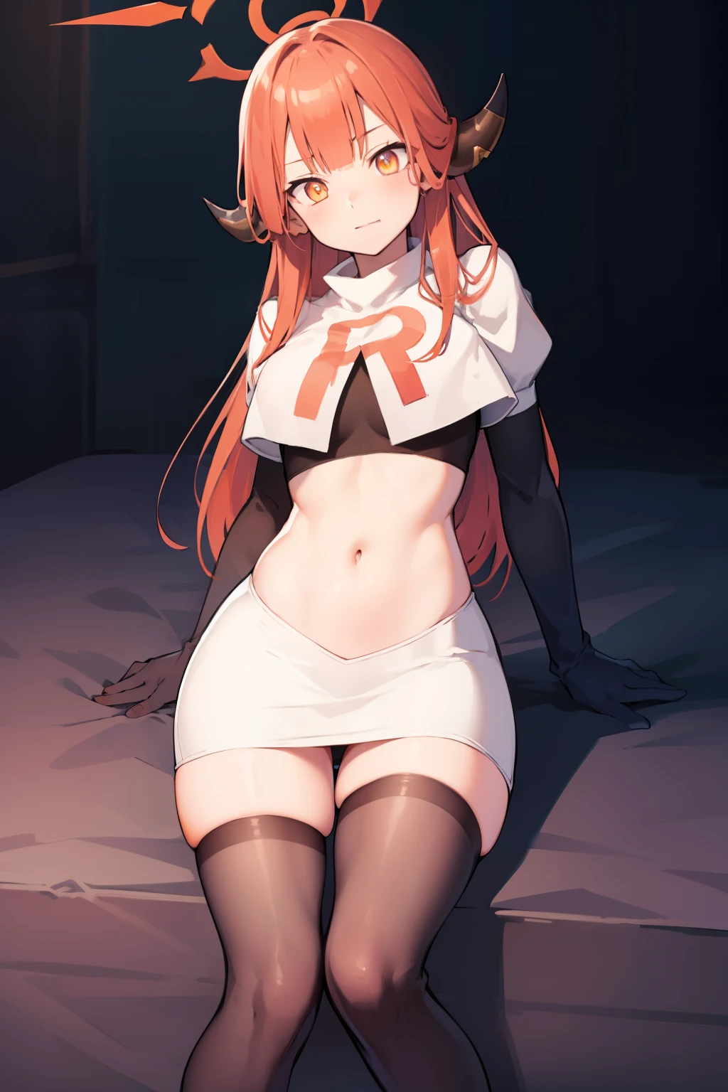 bluearchivearu, aru, halo, horns, long hair, (orange eyes:1.5), pink hair, bangs, blunt bangs,
BREAK horns, team rocket,team rocket uniform,white skirt,crop top,black thigh-highs,black elbow gloves
BREAK looking at viewer,
BREAK (masterpiece:1.2), best quality, high resolution, unity 8k wallpaper, (illustration:0.8), (beautiful detailed eyes:1.6), extremely detailed face, perfect lighting, extremely detailed CG, (perfect hands, perfect anatomy),