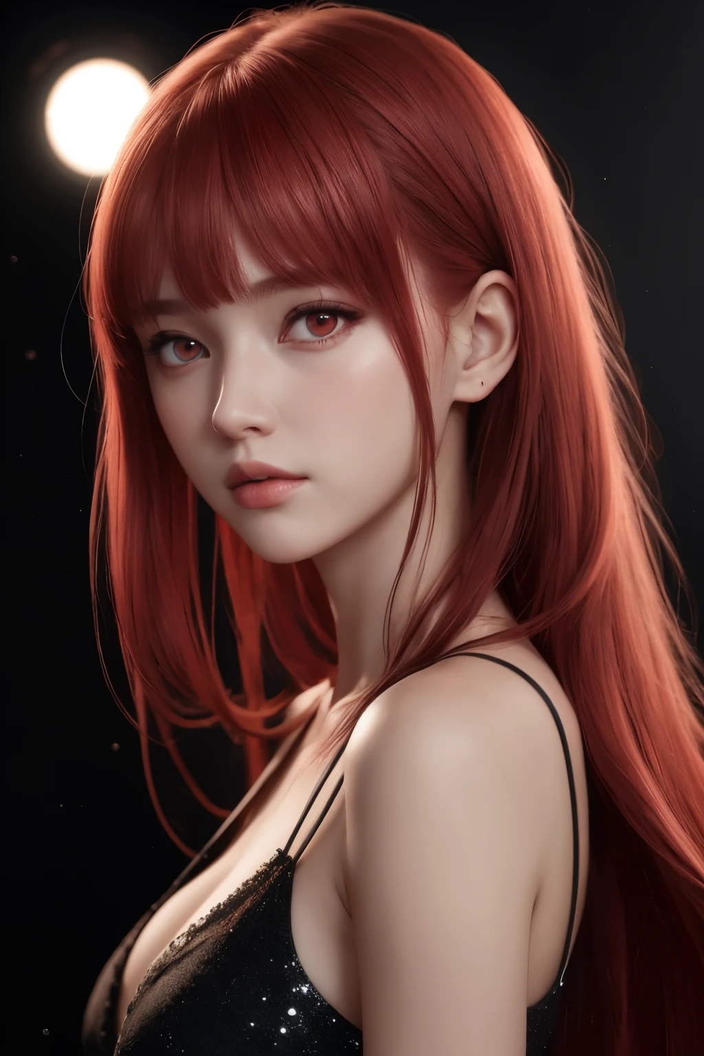 1 girl, starry eyes, blush, perfect lighting, Red hair, red eyes, Unreal Engine, side light, Detailed face, Bangs, bright skin, simple background, dark background, 