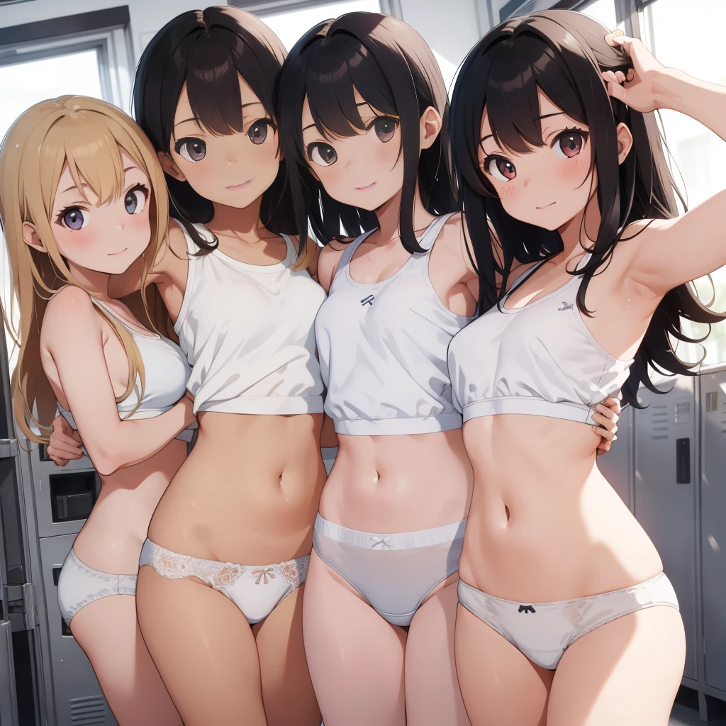 (master piece, high quality), multiple girls, small, 15-year-old schoolgirl, slim, small breasts, Gym locker room, (white panties), white bra, topless, nipple, (group selfie), white, bright, soft light