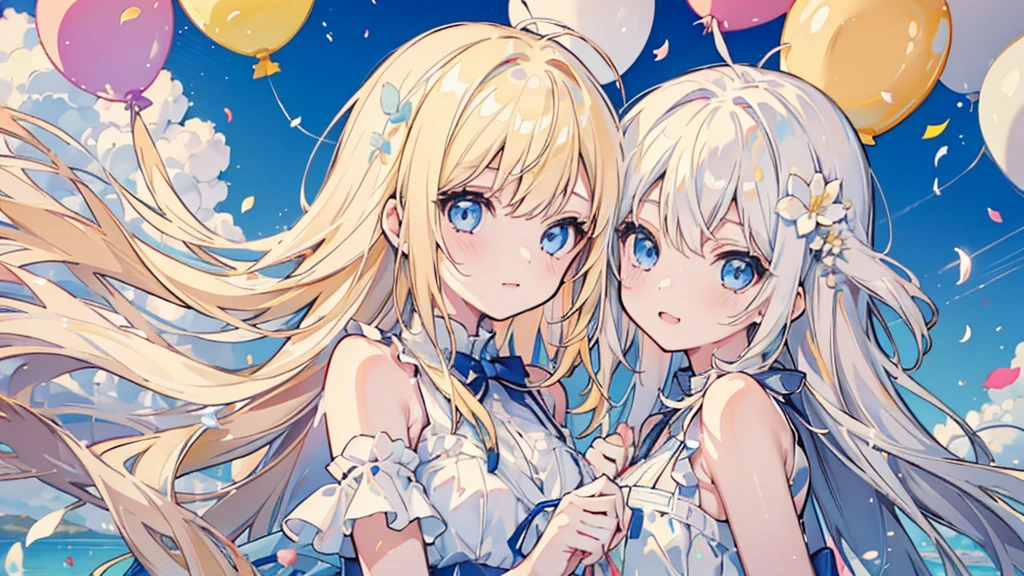 (portrait), (2 girls, blonde hair, blue eyes, white sundress, kawaii), (fluttering petals, colorful balloons, celebration, congratulation)