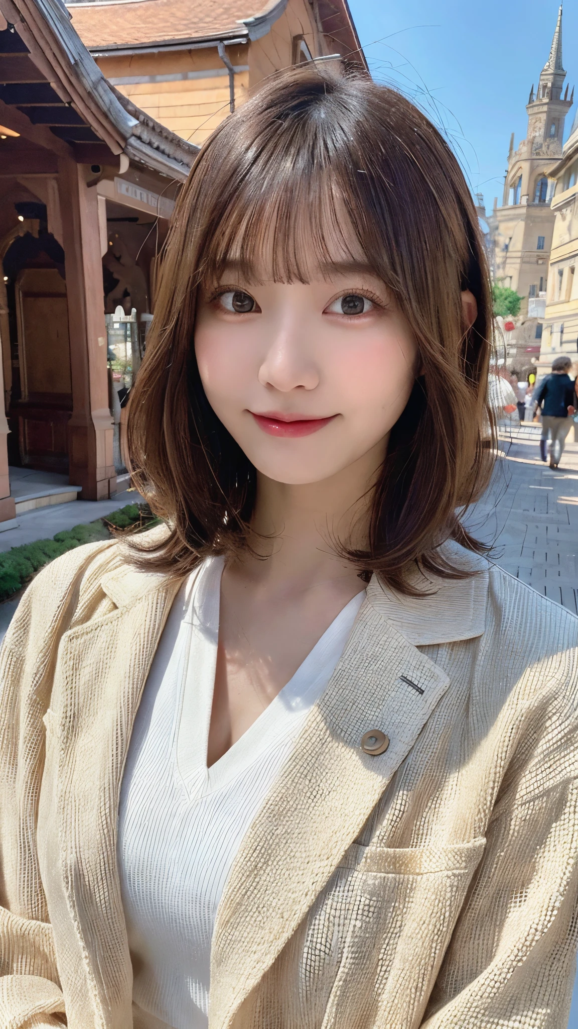 Best Quality, Real Stick, Ultra-detailed, finely detail, hight resolution, in 8K、Wallpaper, Perfect dynamic composition, Beautiful detailed eyes, Beige coat、white shirt, Bob Hair, Medium hair, Bangs, A dark-haired, mid-chest, Natural Color Lip, Body orientation is front,Smile,Tower Mansion