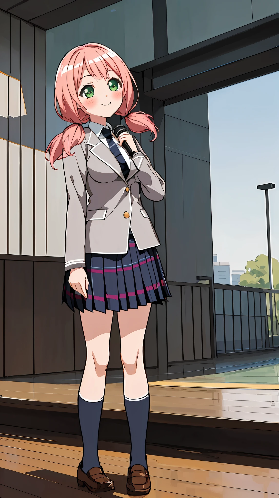 ((masterpiece, best quality)),very detailed, simple eyes, ((((outdoors,standing)))),(((medium breasts))),himari uehara, 1girl, bangs, blazer, blue_skirt, blush, book, green_eyes,( haneoka_school_uniform), indoors,grey jacket, long_sleeves,  sing, use microphone  looking_at_viewer, low_twintails, necktie, pink_hair, plaid, plaid_skirt, pleated_skirt, school_uniform, shirt, skirt, smile, solo, standing, striped_necktie, twintails