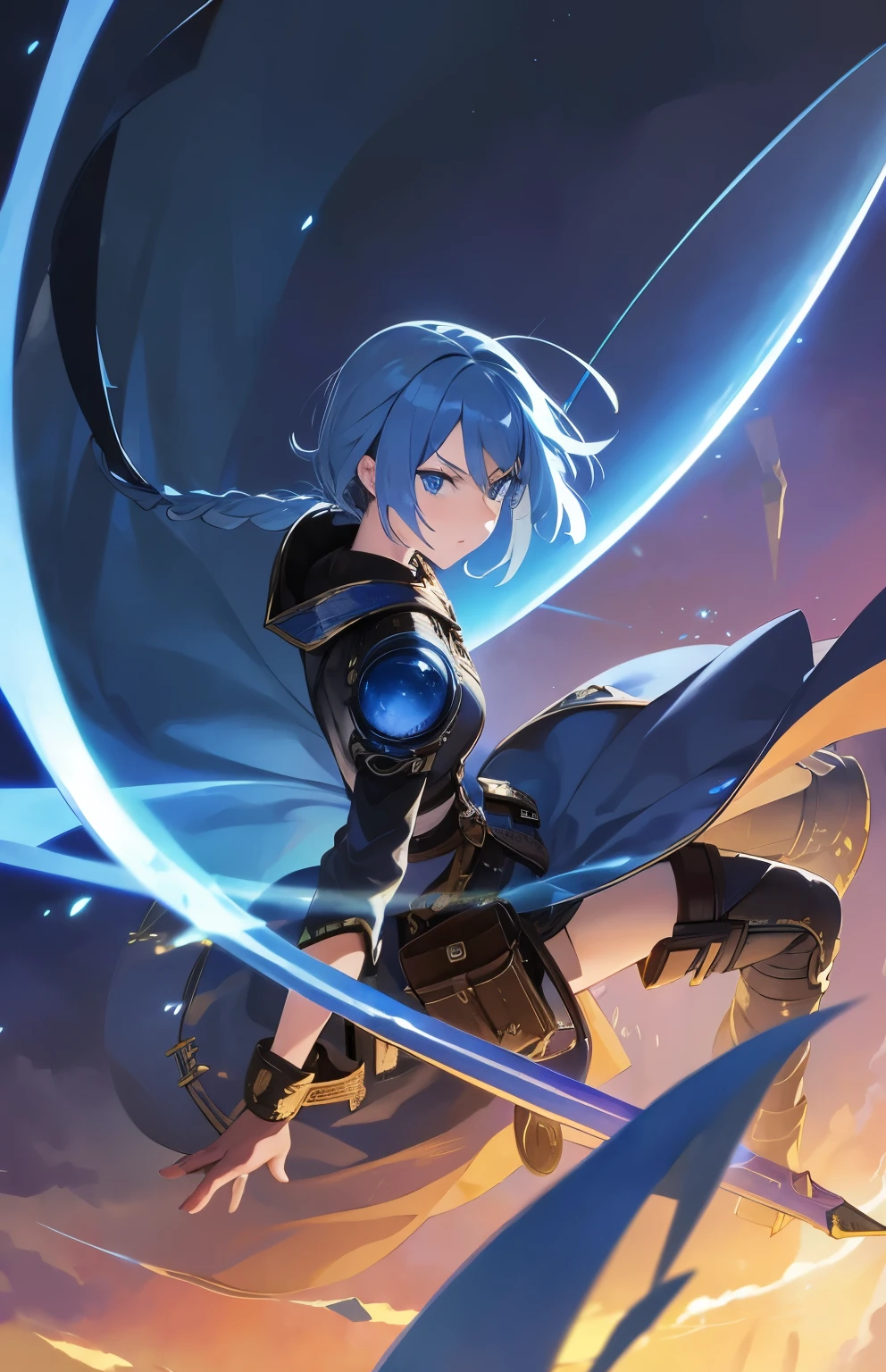 1girl, blue eyes, sky-blue hair, braided hair, short hair, ((fantasy)), sci-fi, steampunk, traveler, wind blade, lost, cloak, magic, inventor, astronomy, sword art, badass, slightly bigger breast
