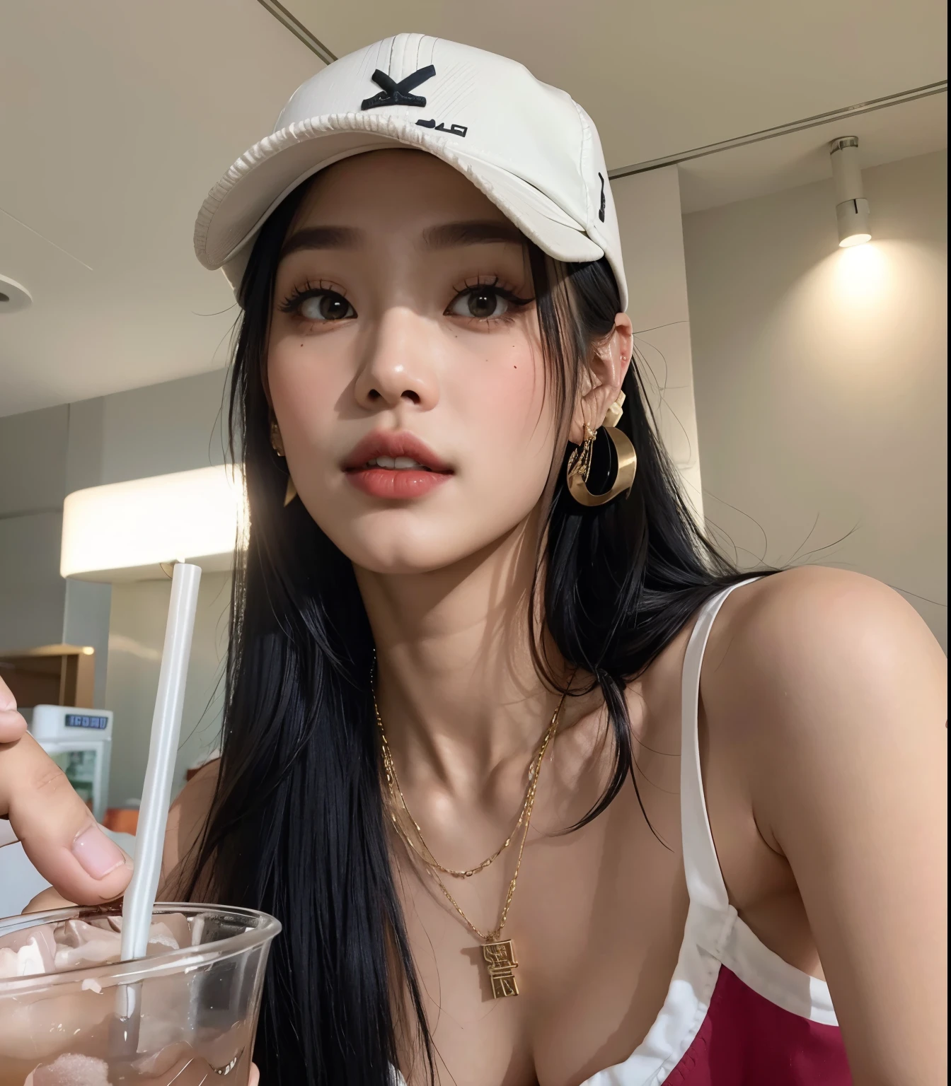 araffe woman with a hat and a drink in a restaurant, wearing a chocker and cute hat, beautiful asian girl, of taiwanese girl with tattoos, a young asian woman, asian girl, instagram model, she is wearing streetwear, blackpink jennie, 18 years old, beautiful young asian woman, gorgeous young korean woman, gorgeous chinese model, beautiful aesthetic face