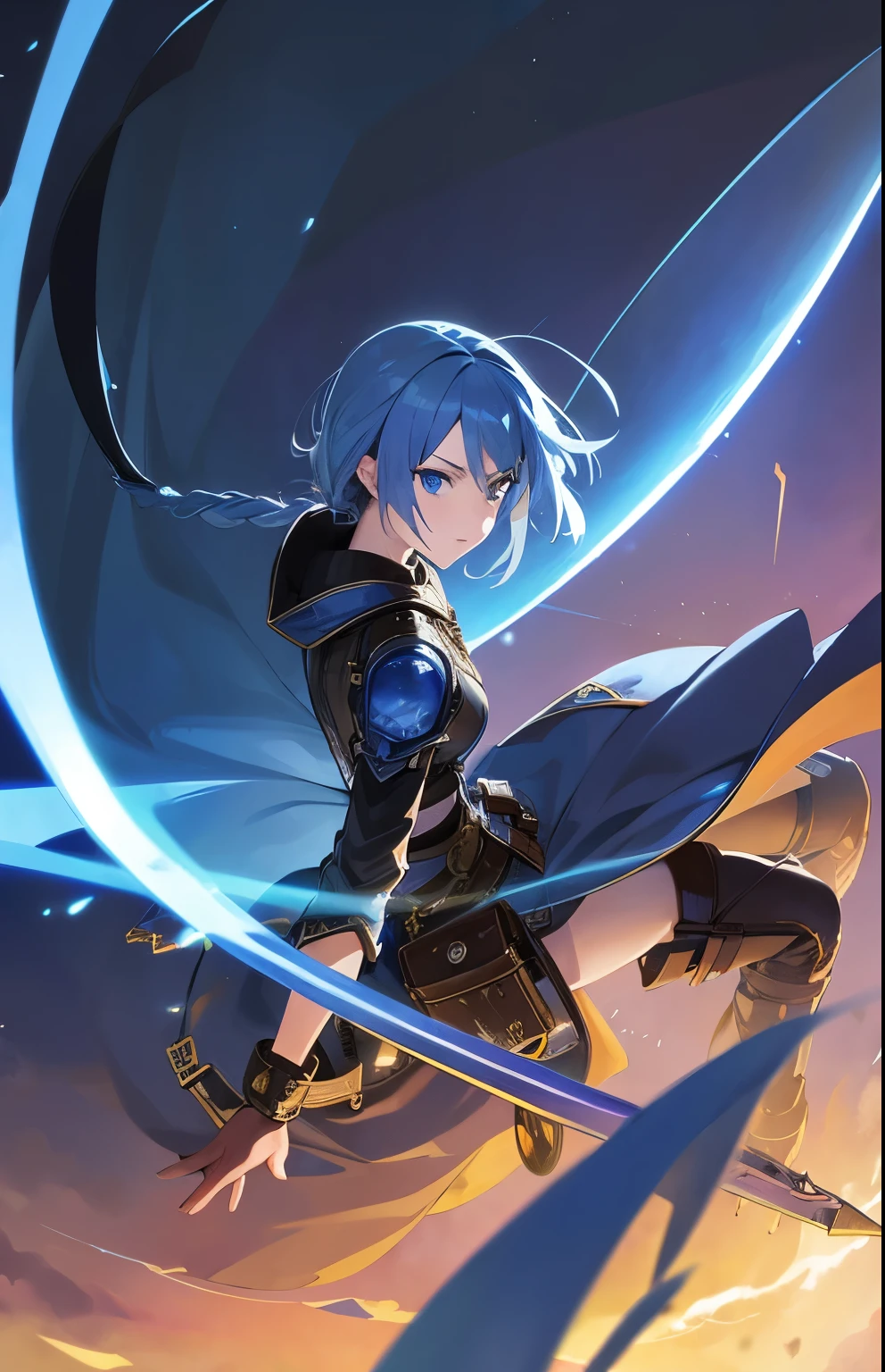 1girl, blue eyes, sky-blue hair, braided hair, short hair, ((fantasy)), sci-fi, steampunk, traveler, wind blade, lost, cloak, magic, inventor, astronomy, sword art, badass
