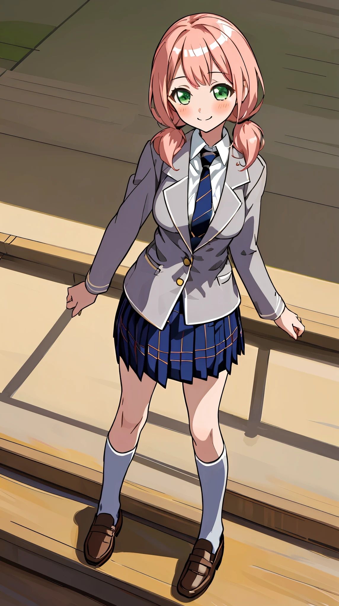 ((masterpiece, best quality)),very detailed, simple eyes, ((((outdoors,standing)))),(((medium breasts))),himari uehara, 1girl, bangs, blazer, blue_skirt, blush, book, green_eyes,( haneoka_school_uniform), indoors,grey jacket, long_sleeves,  sing, use microphone  looking_at_viewer, low_twintails, necktie, pink_hair, plaid, plaid_skirt, pleated_skirt, school_uniform, shirt, skirt, smile, solo, standing, striped_necktie, twintails