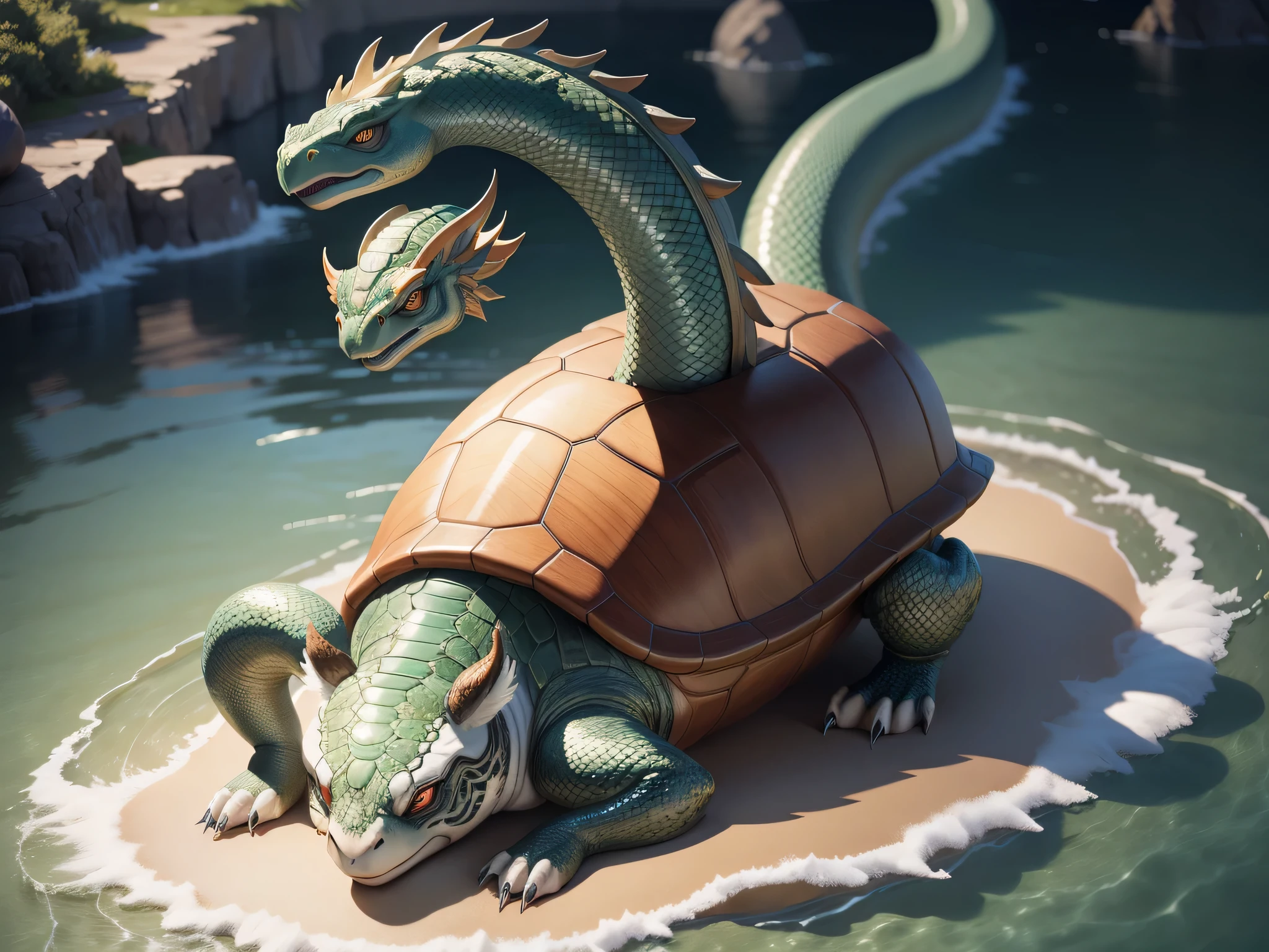 tmasterpiece，A high resolution，8K，CG animation，The image of a mythical beast in Chinese mythology，A turtle image with a tail is a snake，The snake's body coils in the northern part of the turtle，Have by the sea