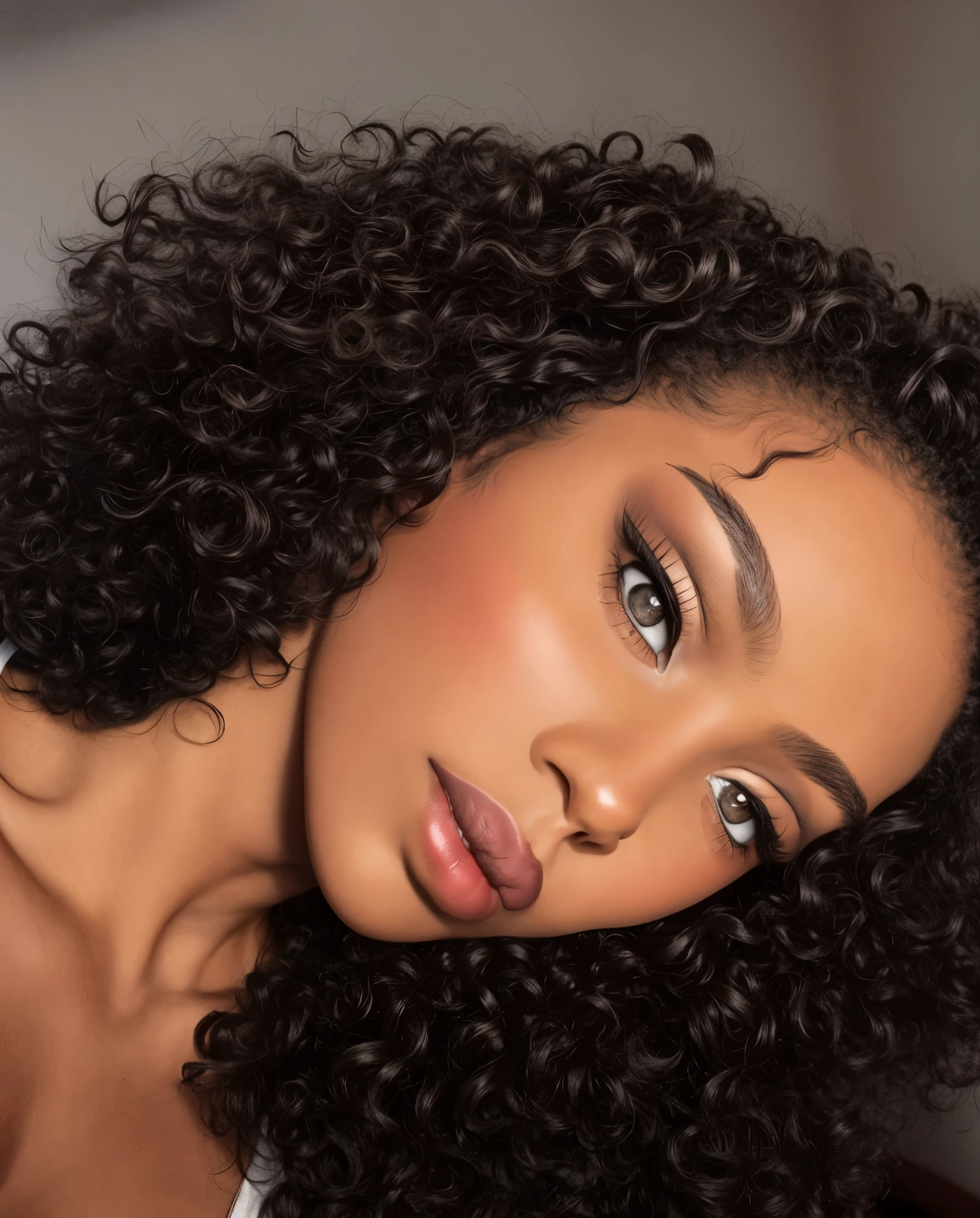 there is a woman with a Pelo RIZADO and a white top, black Pelo RIZADO, corte de pelo rizado en la parte media, el pelo negro y rizado, Pelo RIZADOed, short black Pelo RIZADO, pelo oscuro y rizado, long black Pelo RIZADO, long wild black Pelo RIZADO, black long Pelo RIZADO, afro rizado, labios claros y de alta calidad, retrato de cerca, Pelo RIZADO, retrato de alta calidad